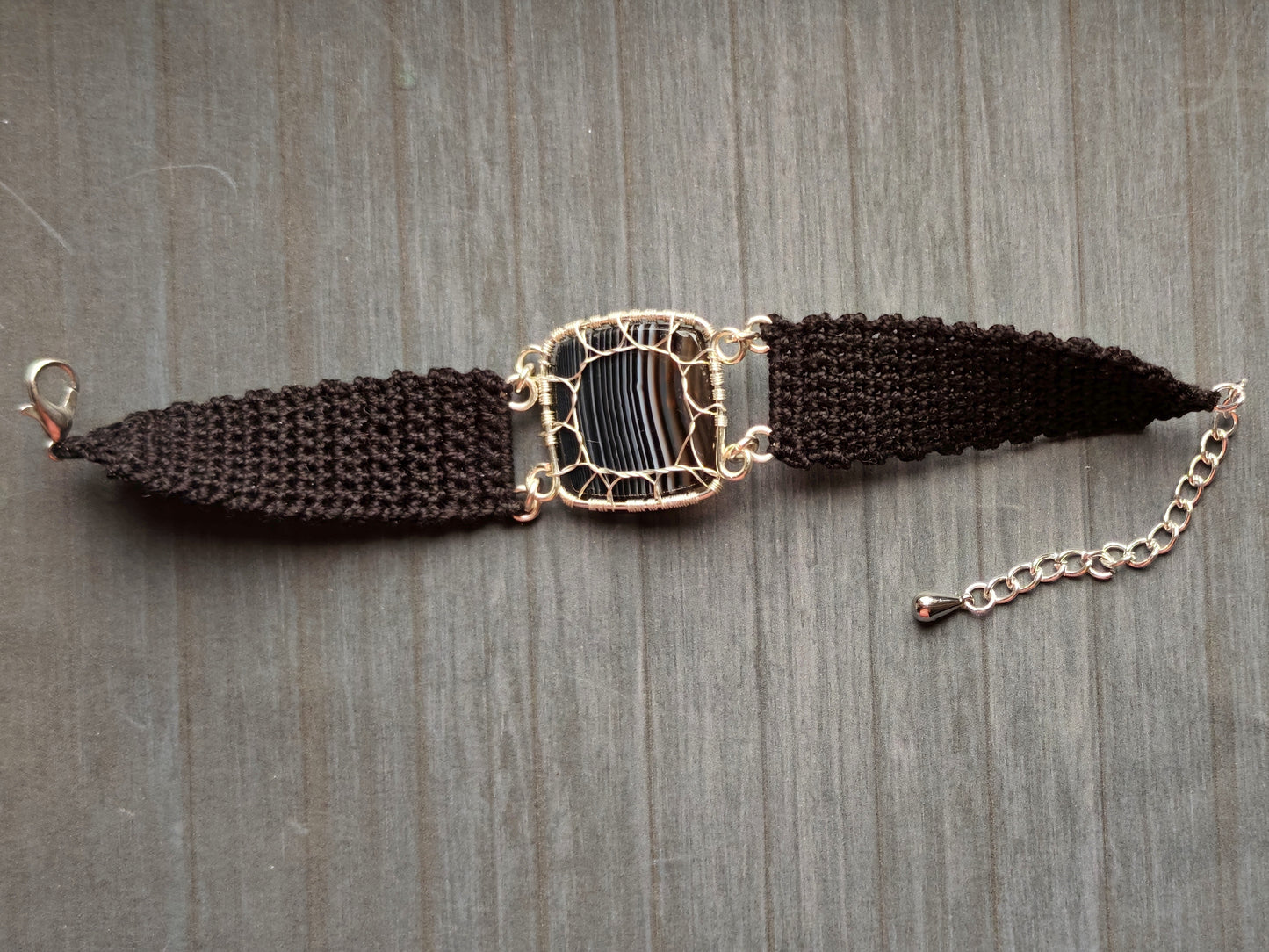 Crochet tree bracelet with a black onyx gemstone