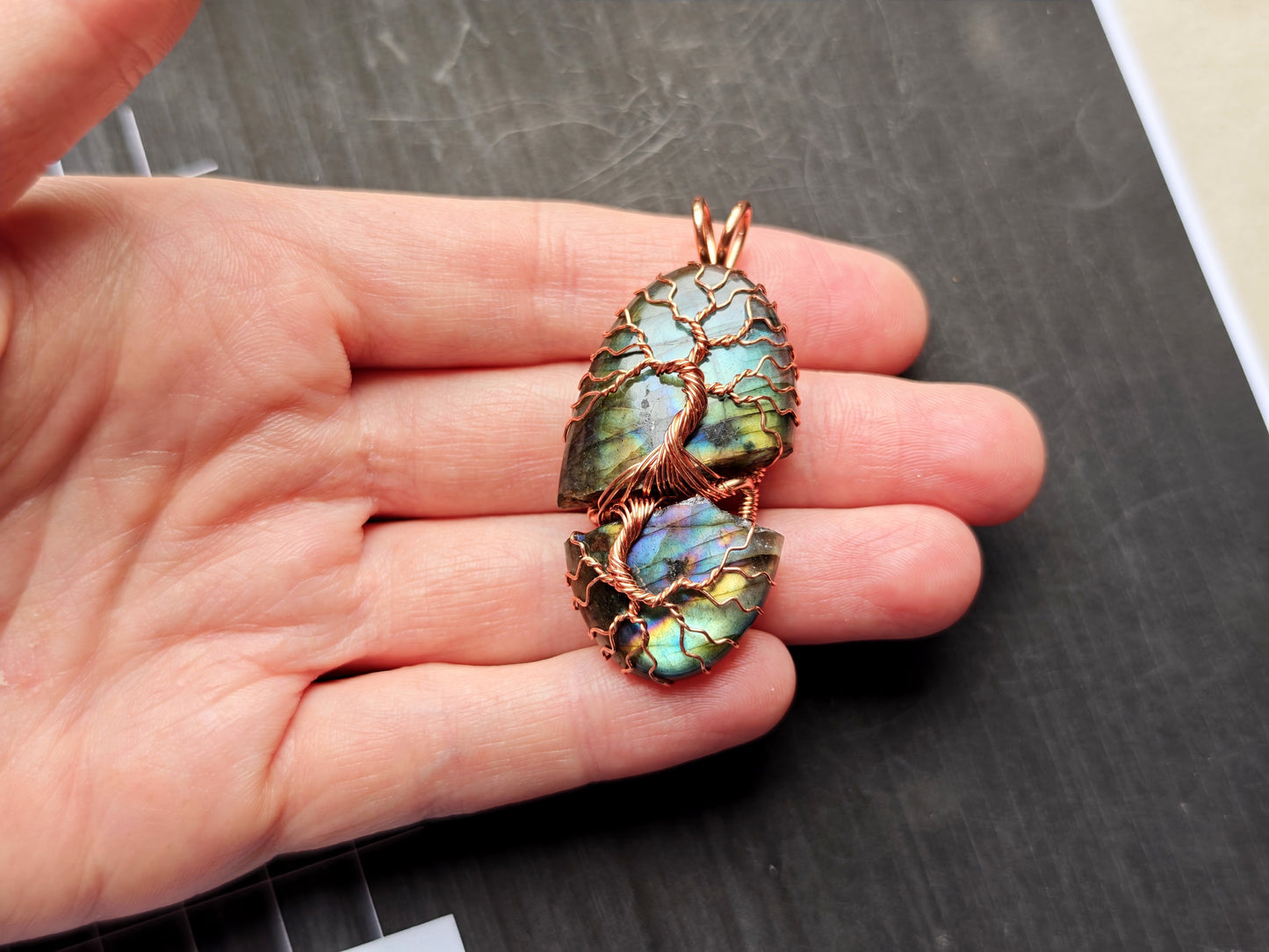 Tree pendant with a broken labradorite gemstone