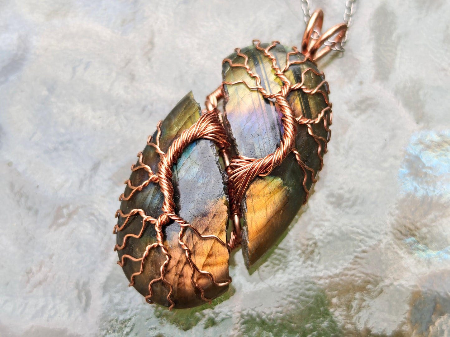 Tree pendant with a broken labradorite gemstone