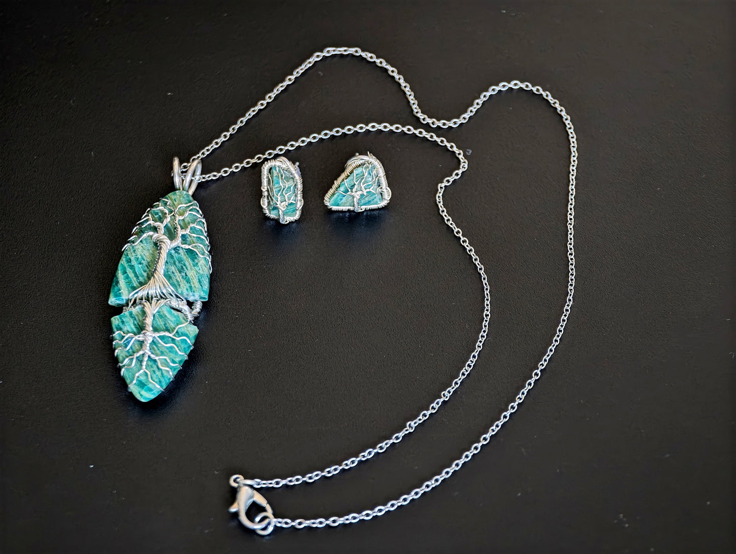Shattered Amazonite tree jewelry set – Pendant & Earrings