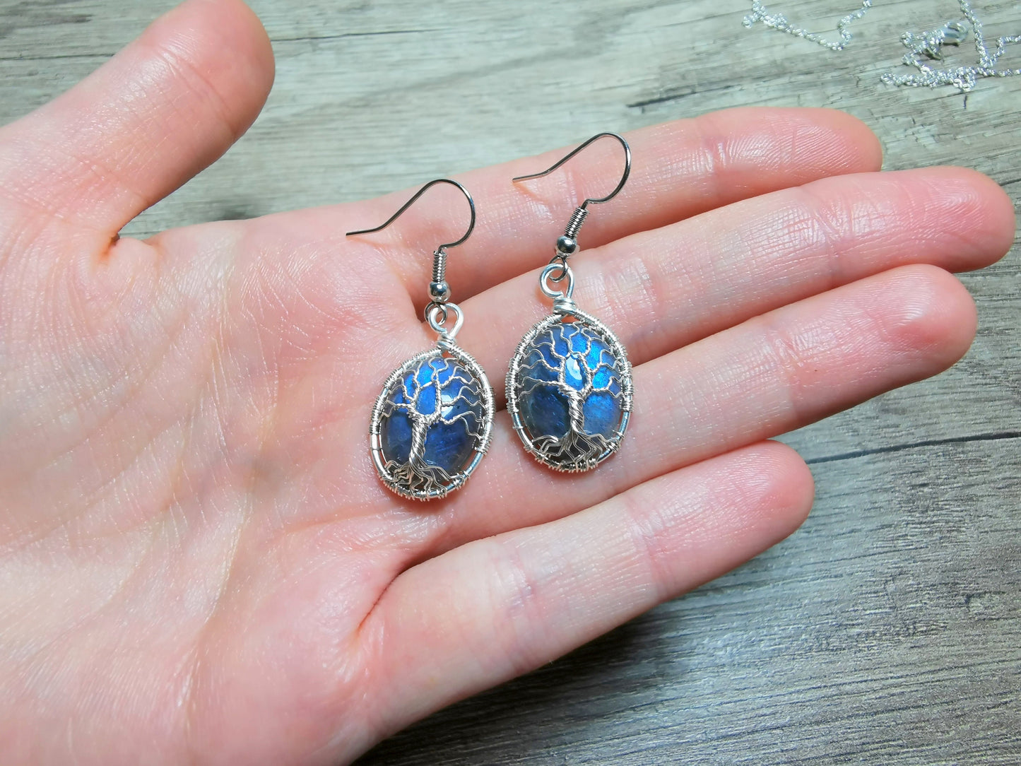 Tree earrings with labradorite gemstones