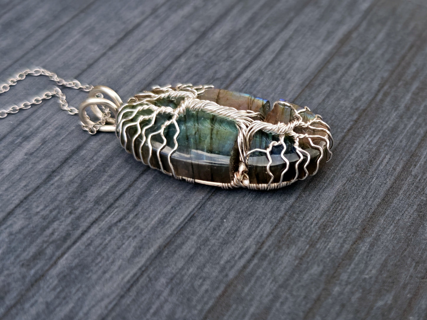 Tree pendant with a broken labradorite gemstone