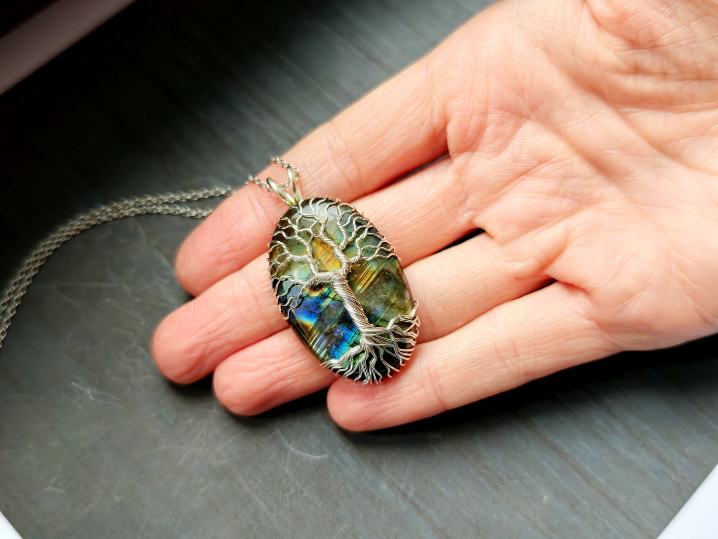 Tree pendant with a labradorite gemstone