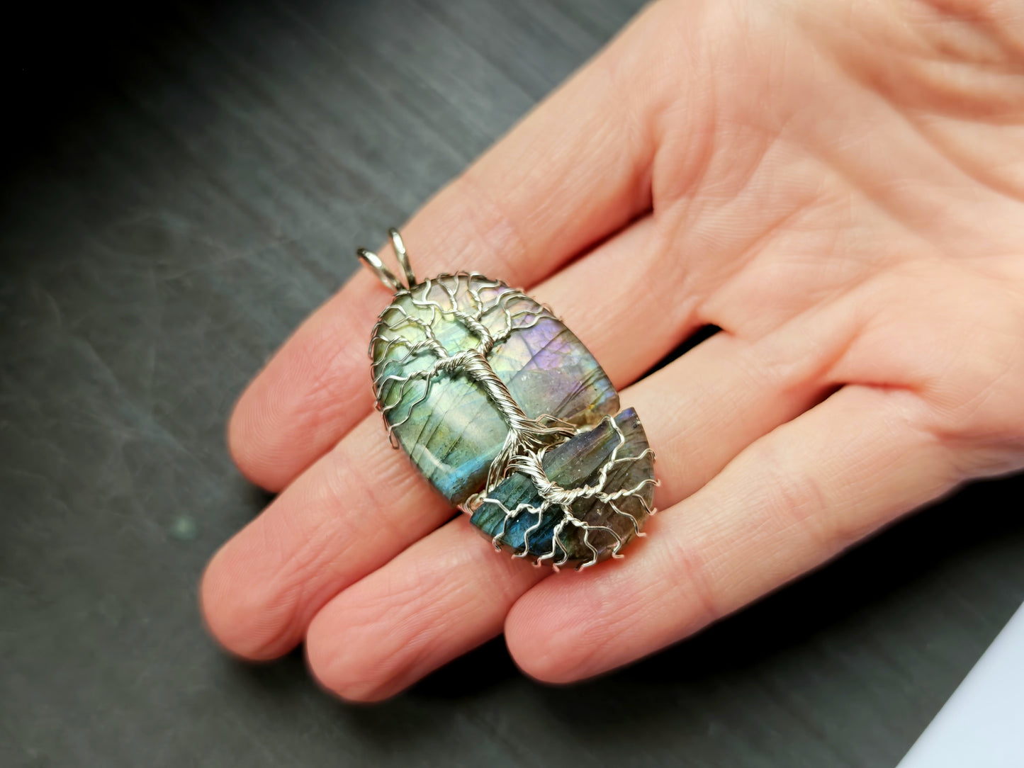 Tree pendant with a broken labradorite gemstone