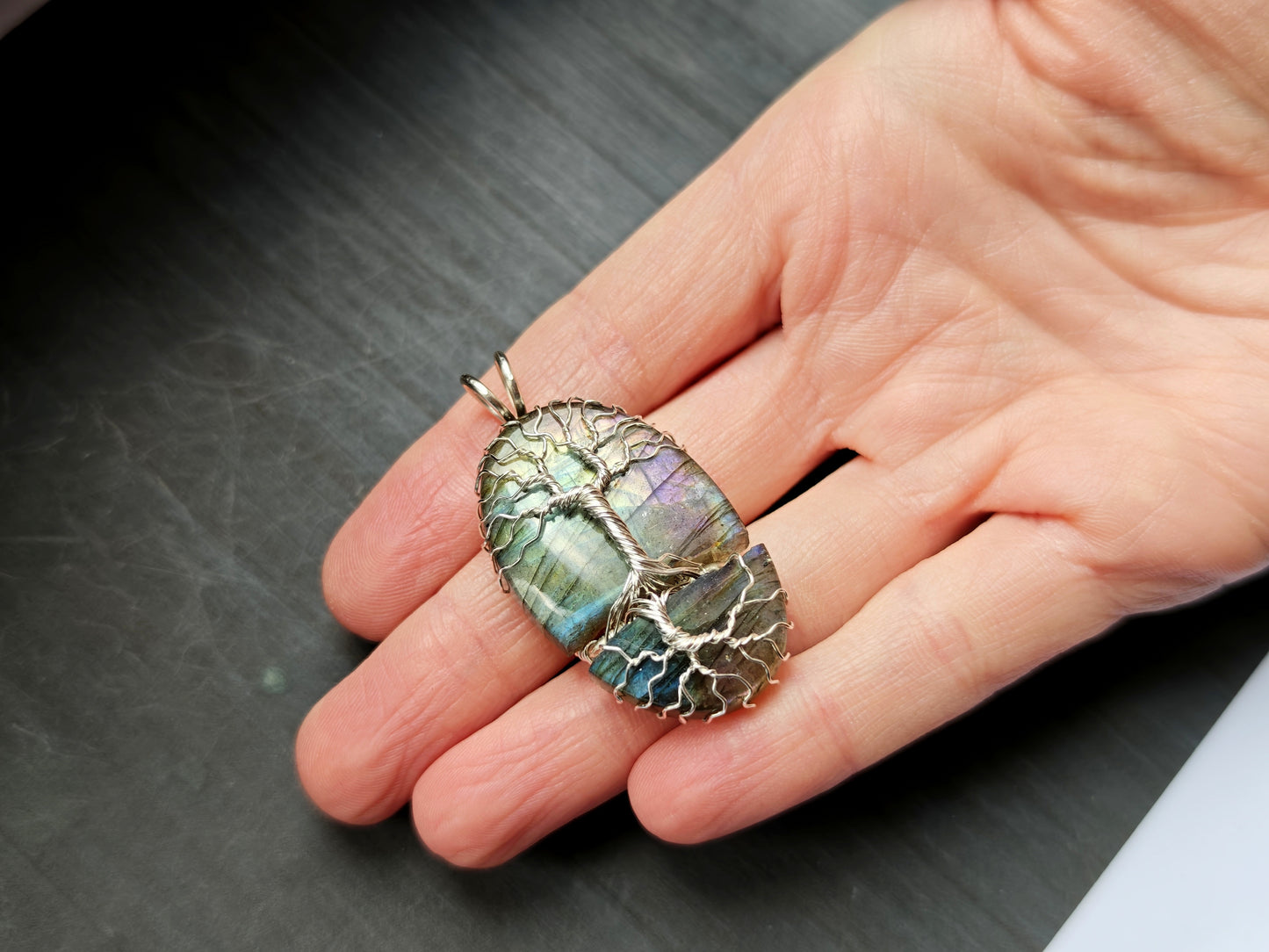 Tree pendant with a broken labradorite gemstone