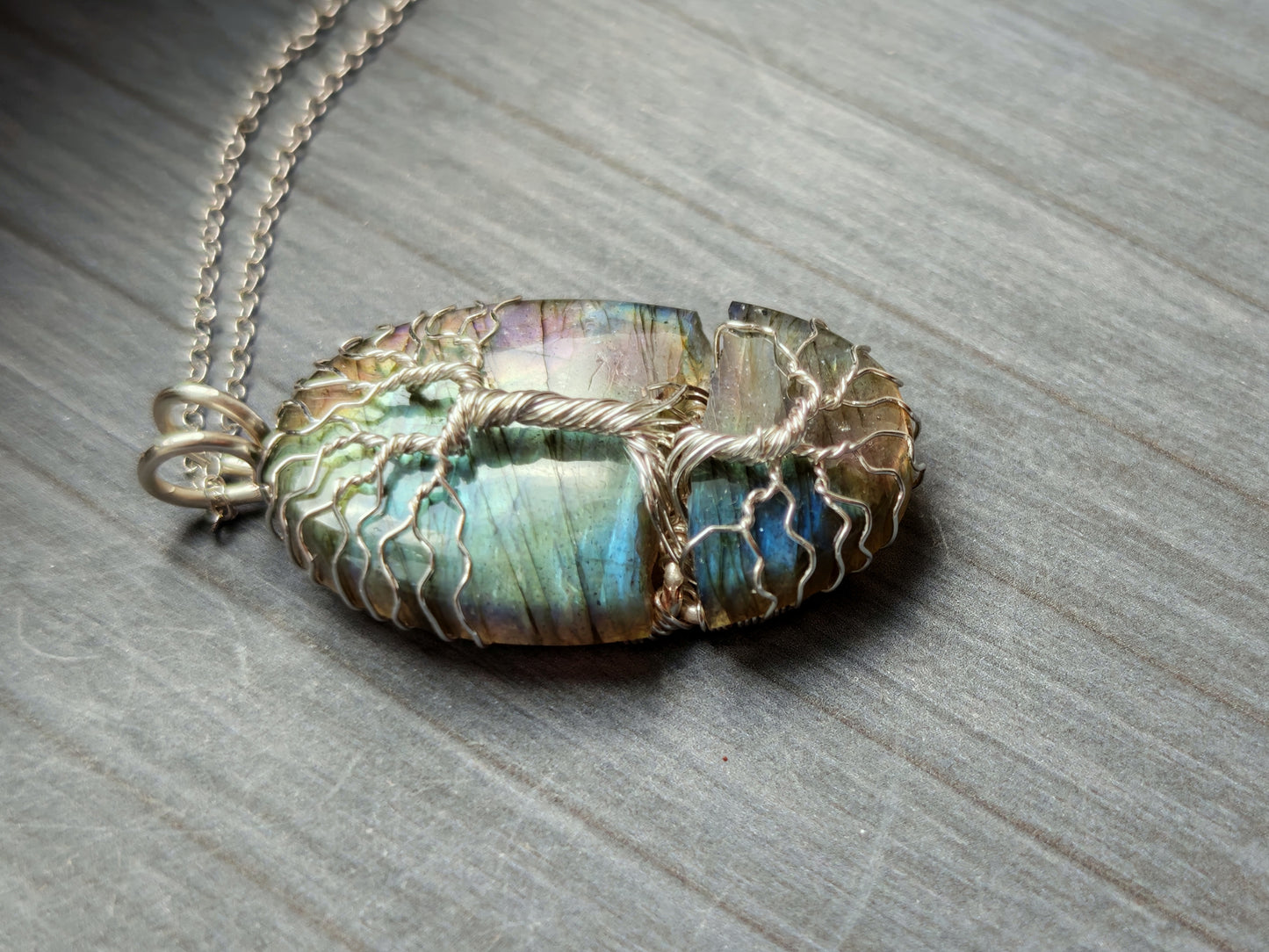 Tree pendant with a broken labradorite gemstone
