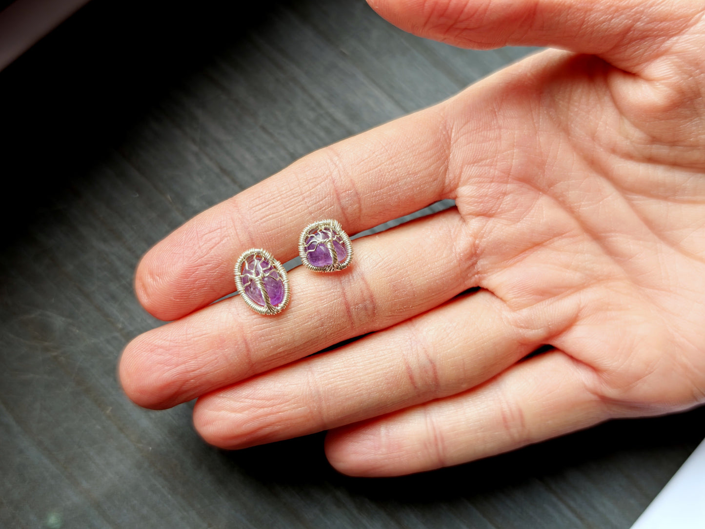 Tree stud earrings with amethyst gemstones