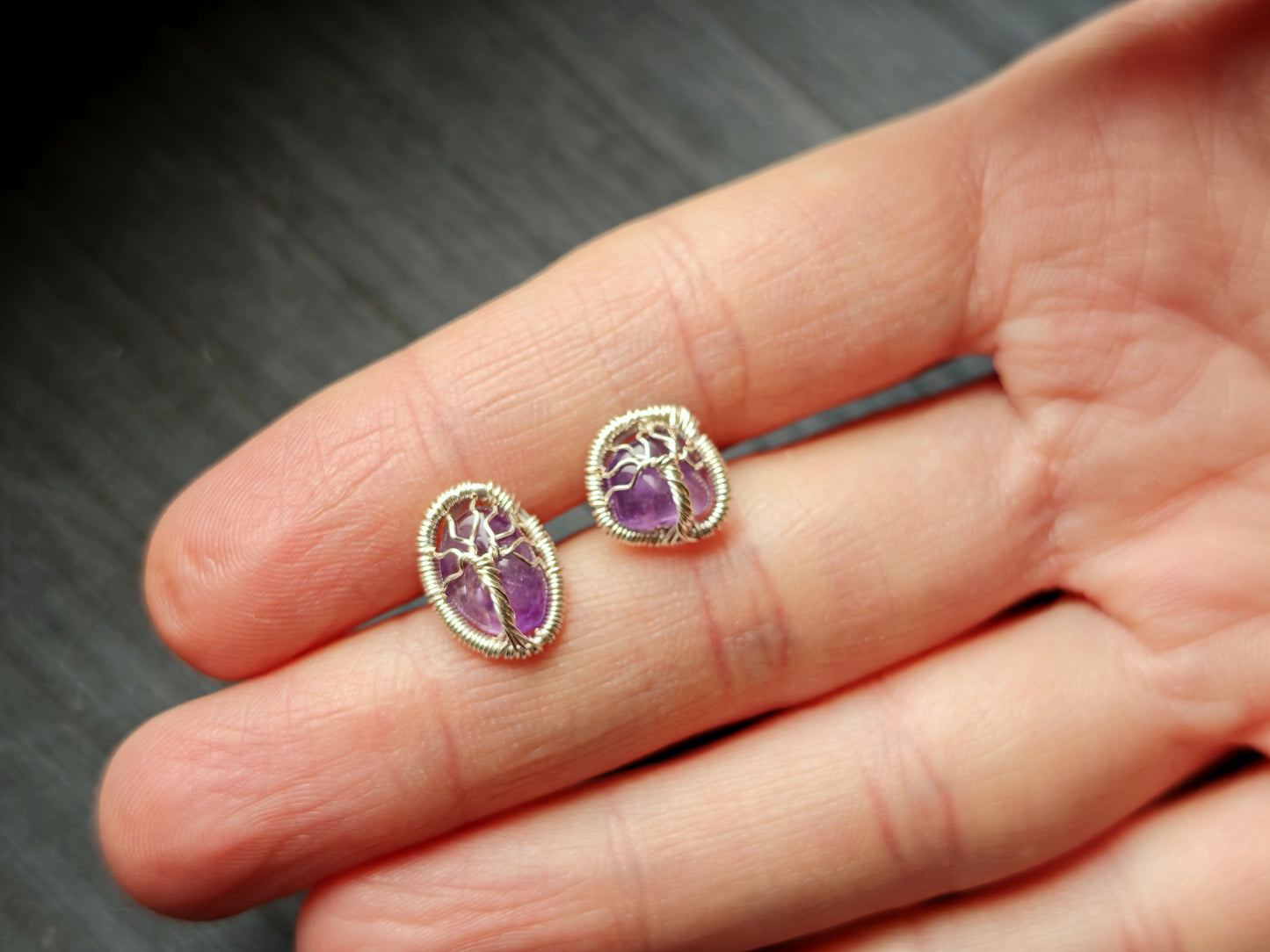 Tree stud earrings with amethyst gemstones