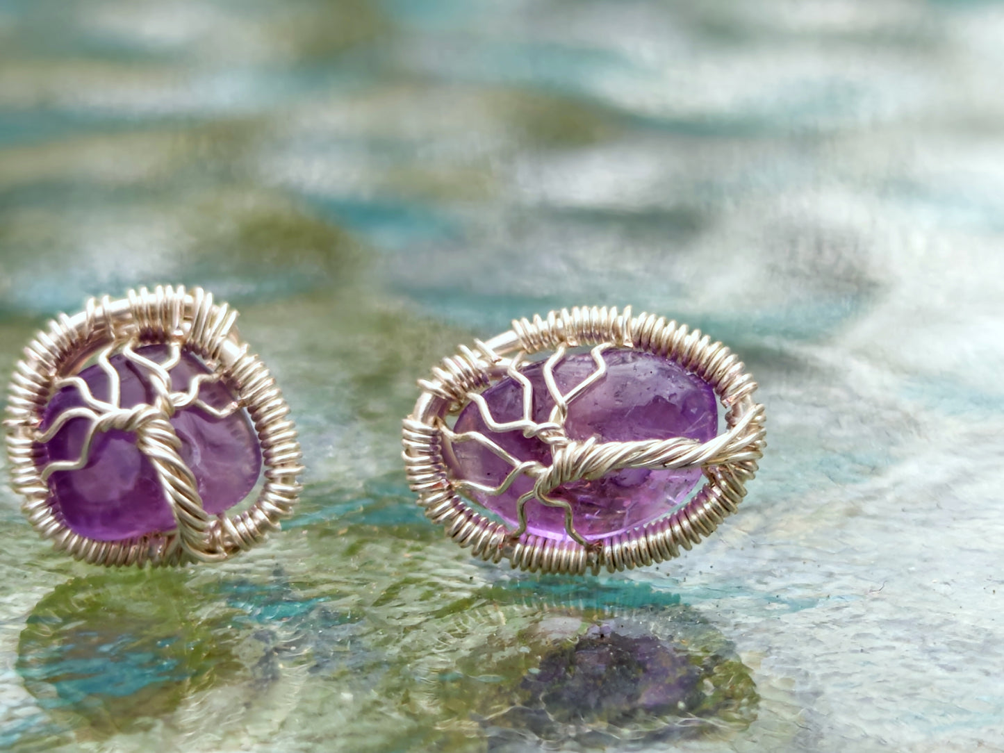 Tree stud earrings with amethyst gemstones