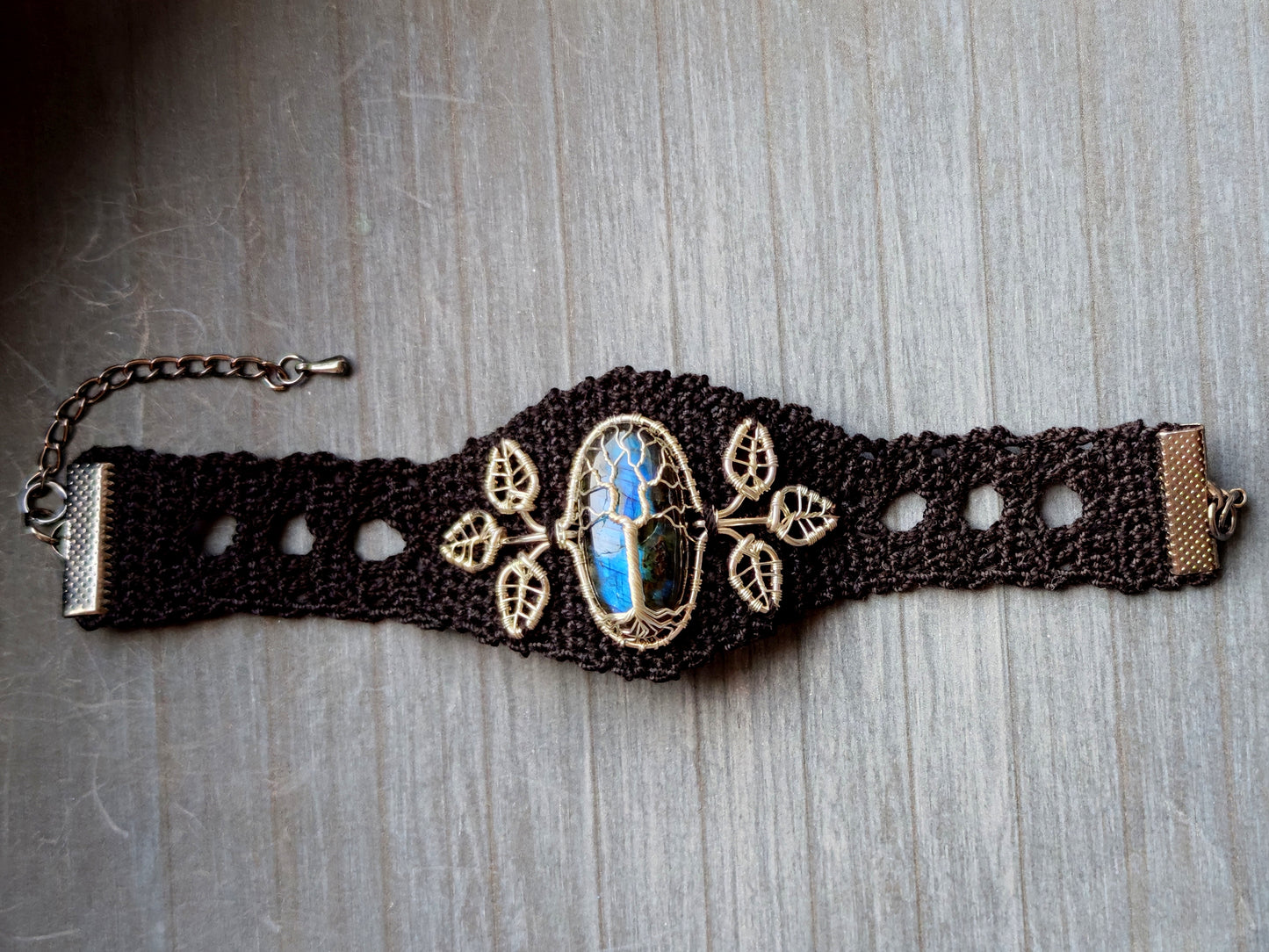 Crochet tree bracelet with a labradorite gemstone