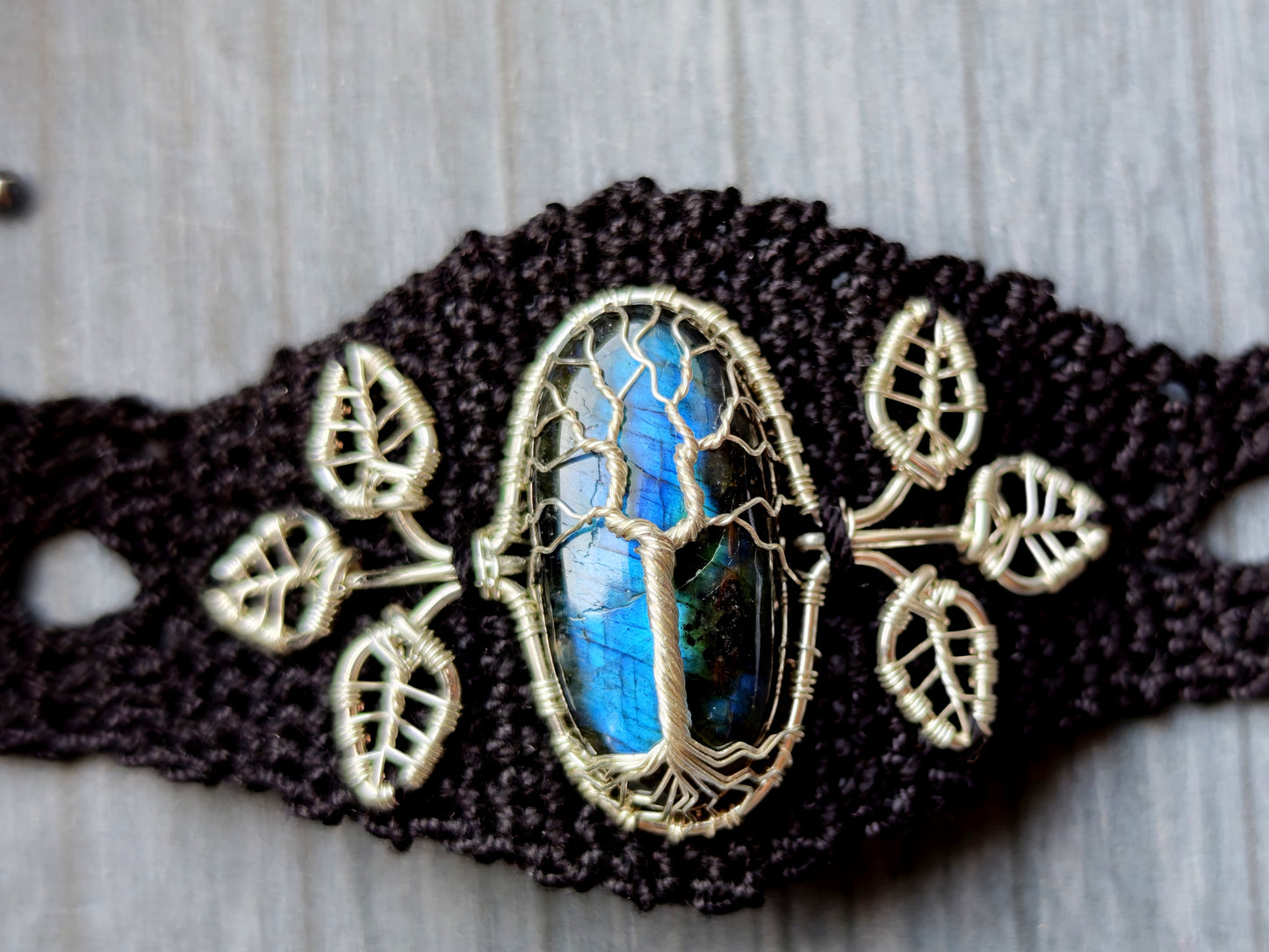 Crochet tree bracelet with a labradorite gemstone