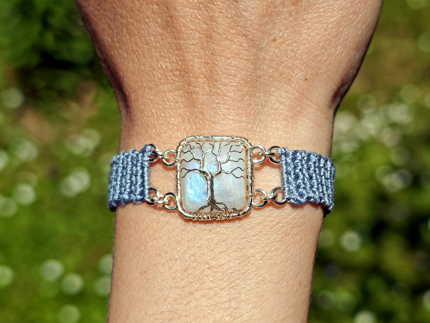 Crochet tree bracelet with a moonstone gemstone