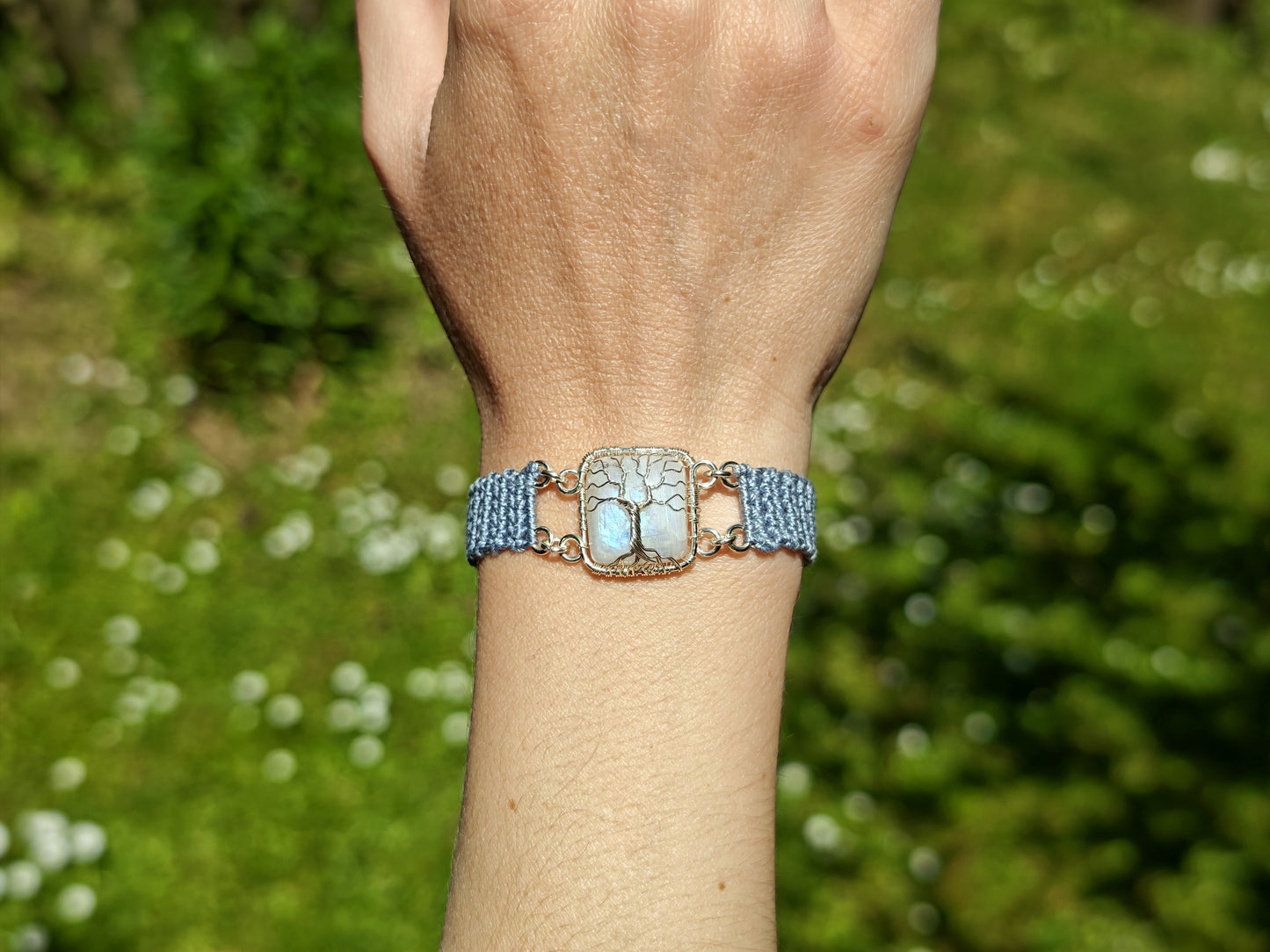 Crochet tree bracelet with a moonstone gemstone
