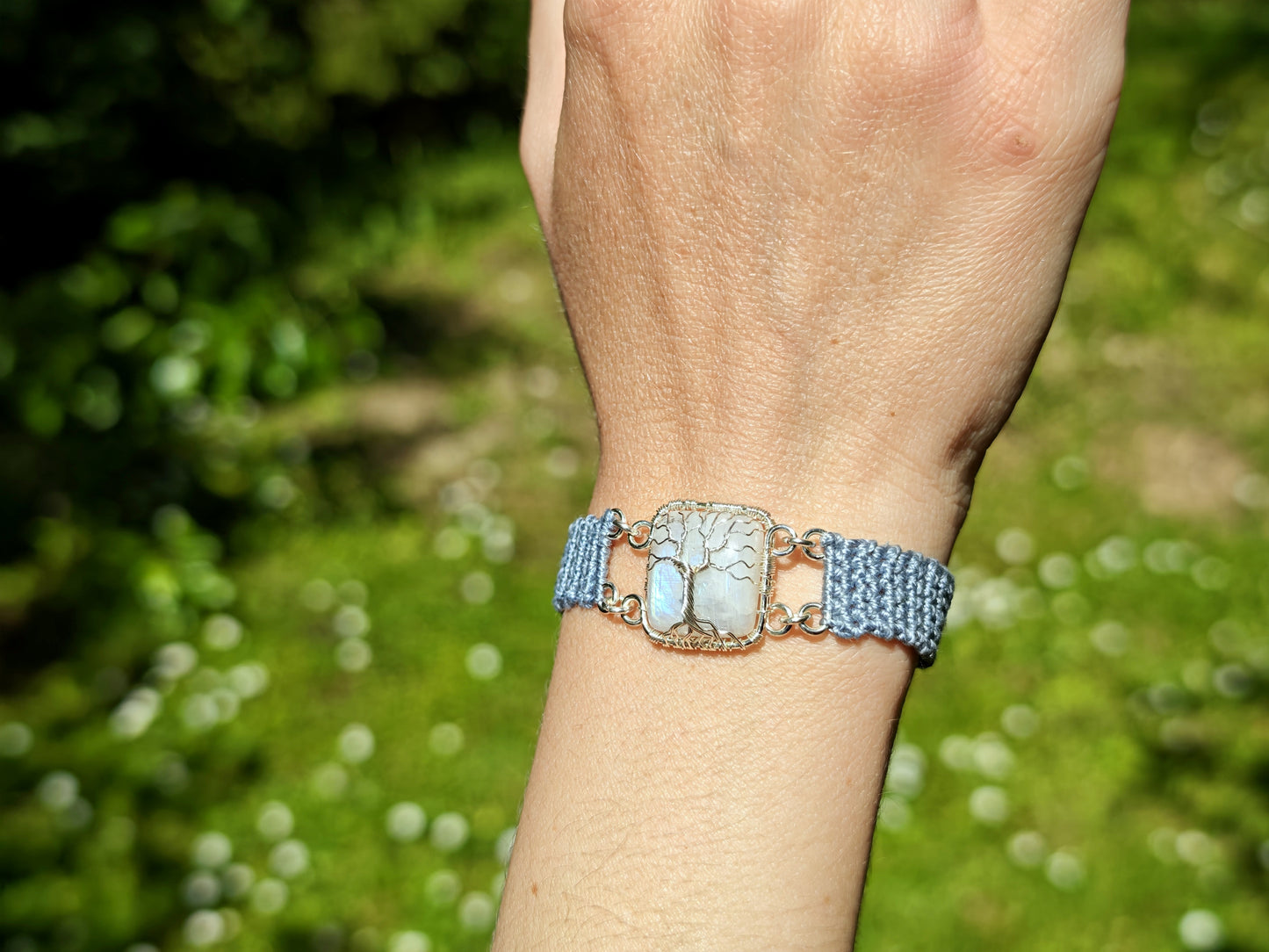 Crochet tree bracelet with a moonstone gemstone