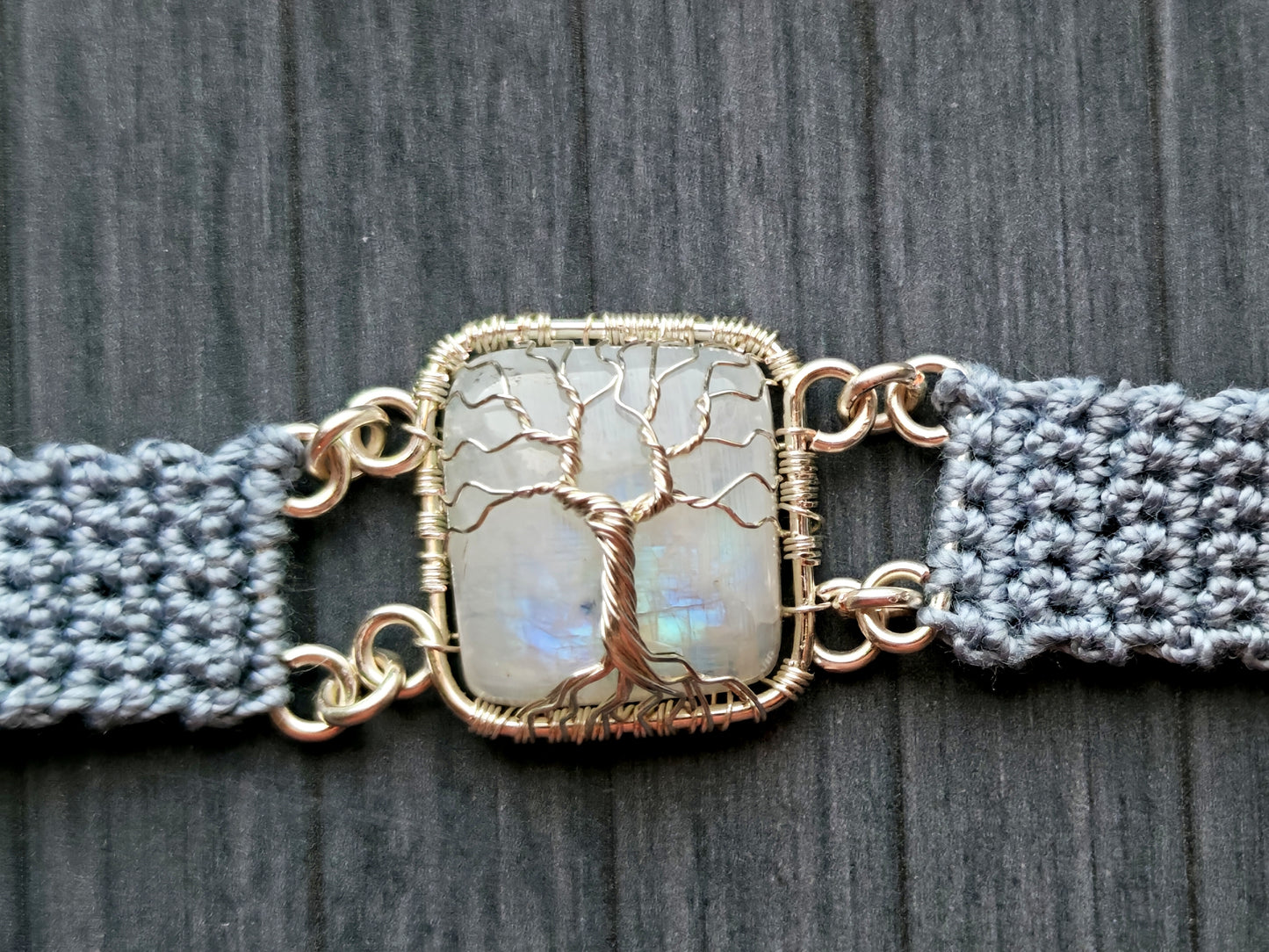 Crochet tree bracelet with a moonstone gemstone