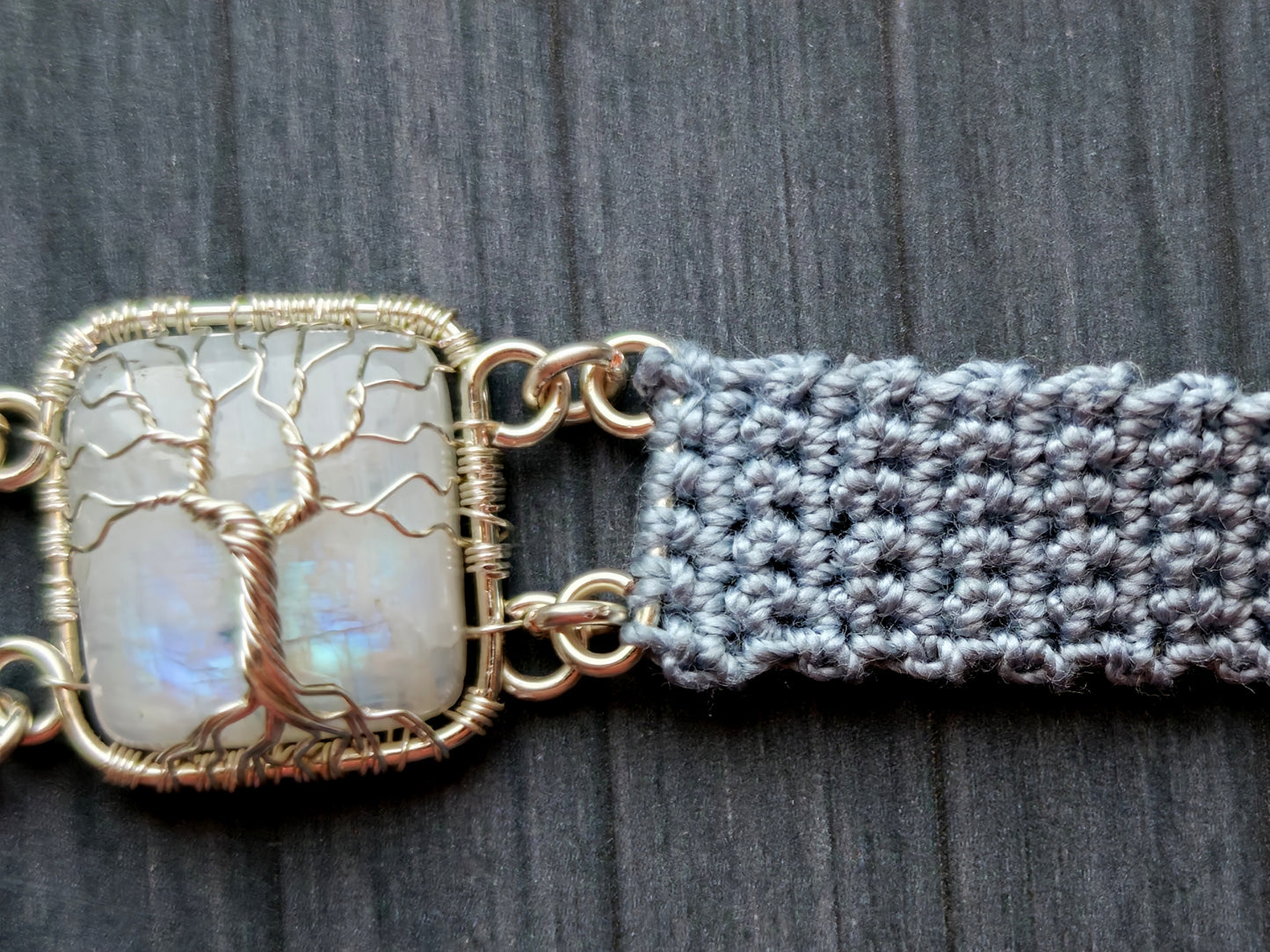 Crochet tree bracelet with a moonstone gemstone