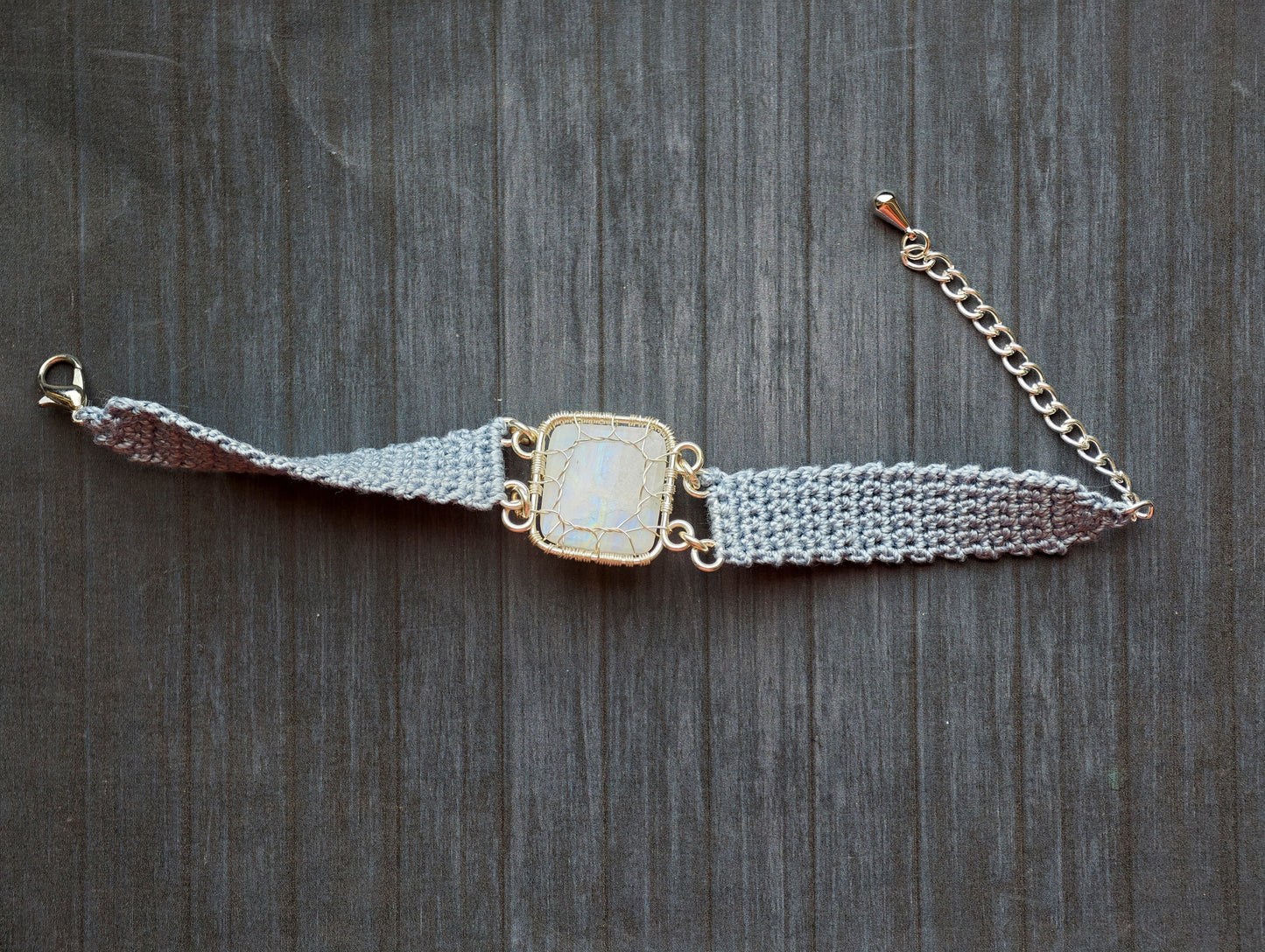 Crochet tree bracelet with a moonstone gemstone
