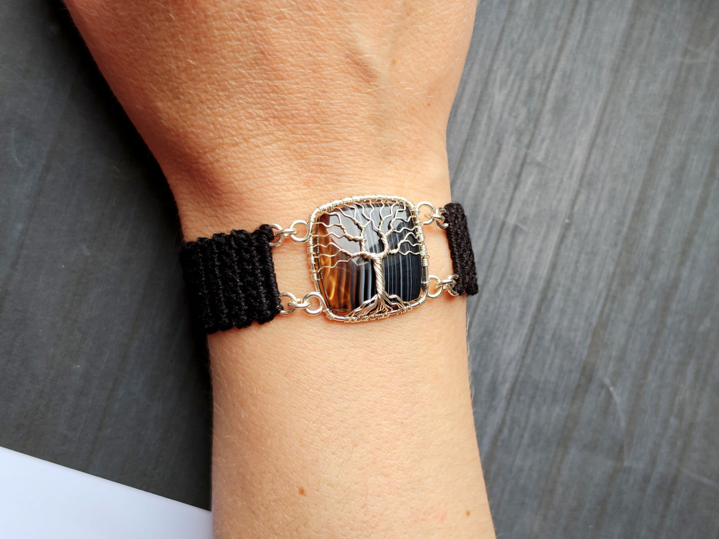 Crochet tree bracelet with a black onyx gemstone