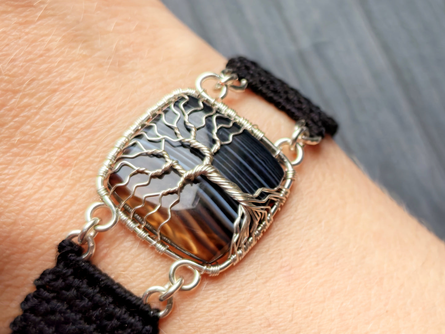 Crochet tree bracelet with a black onyx gemstone