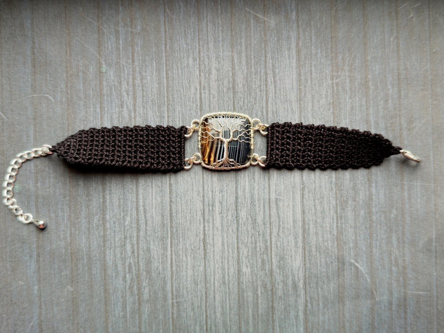 Crochet tree bracelet with a black onyx gemstone