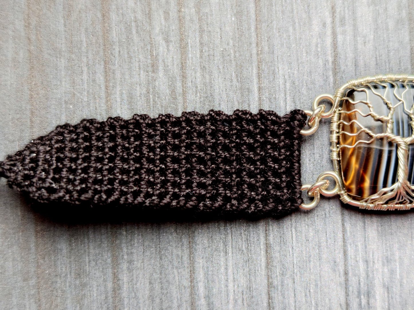 Crochet tree bracelet with a black onyx gemstone