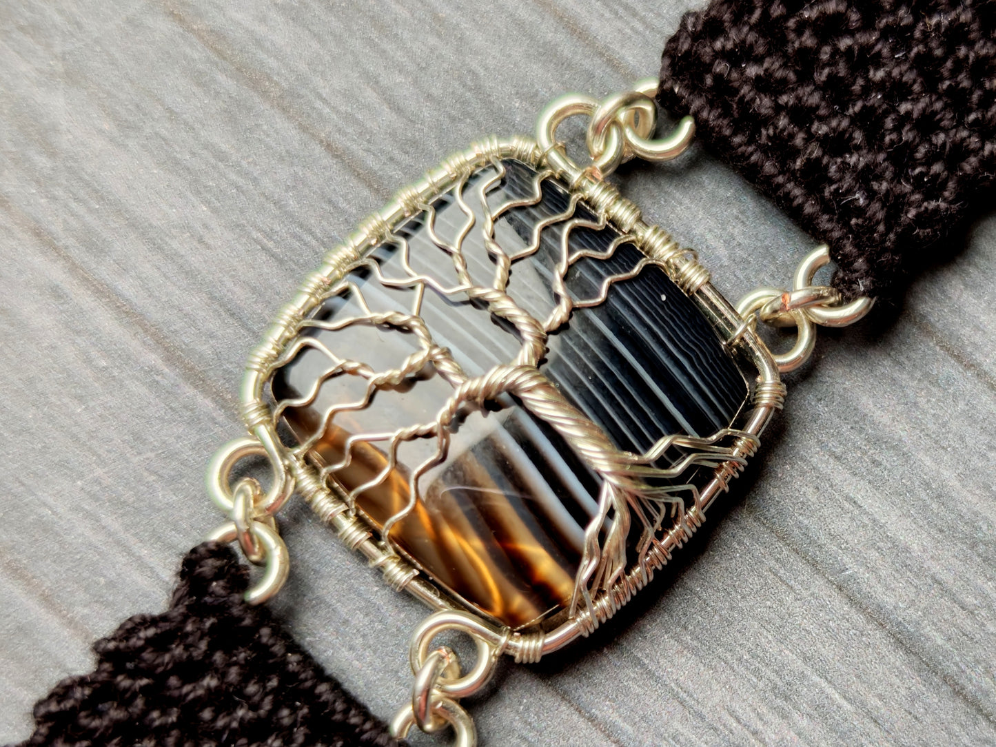 Crochet tree bracelet with a black onyx gemstone