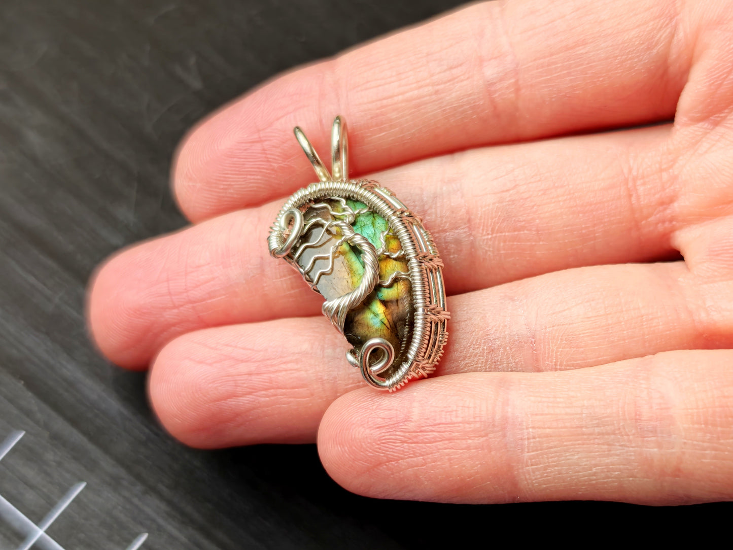 Tree pendant with a broken labradorite gemstone