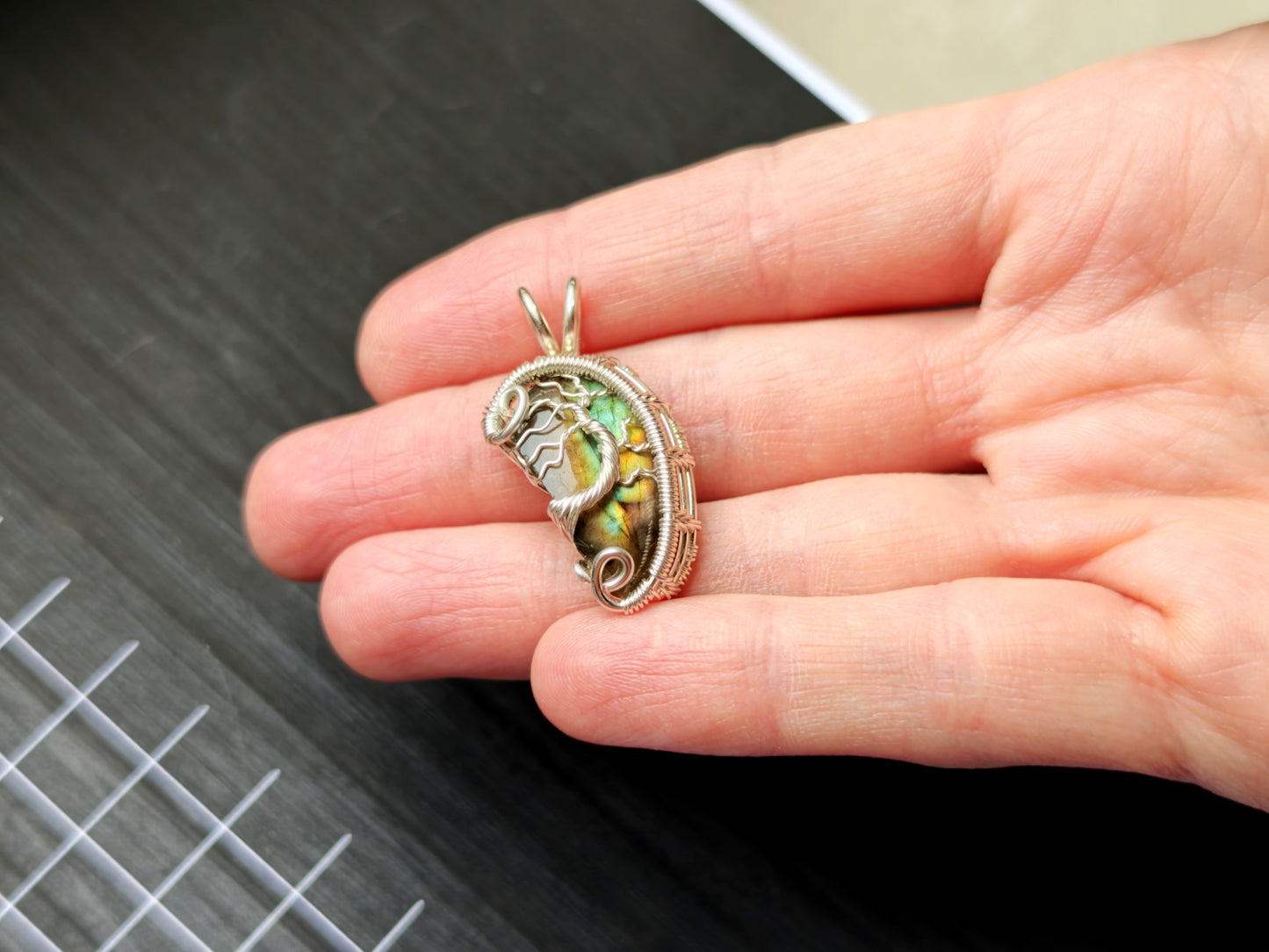 Tree pendant with a broken labradorite gemstone