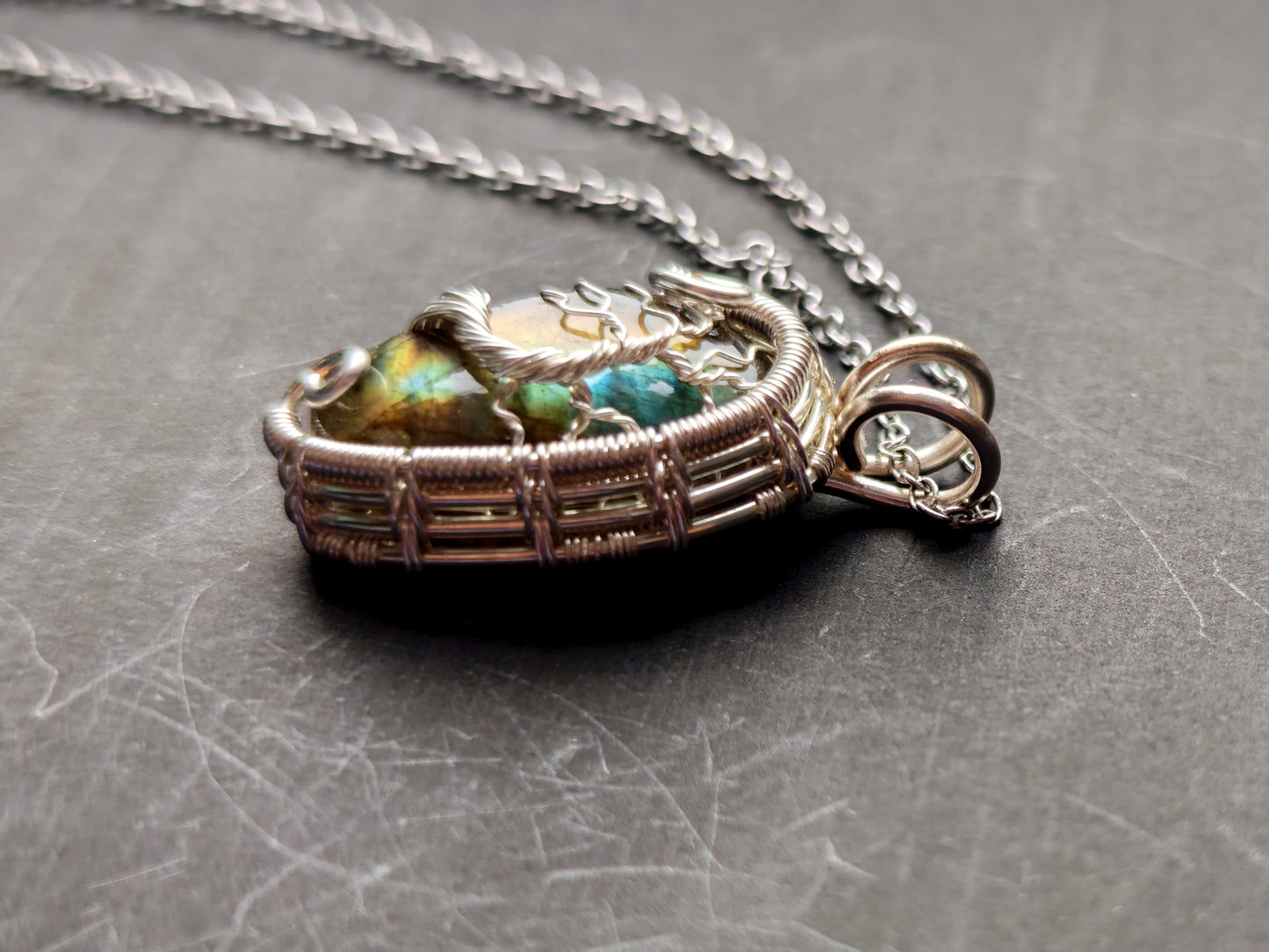 Tree pendant with a broken labradorite gemstone