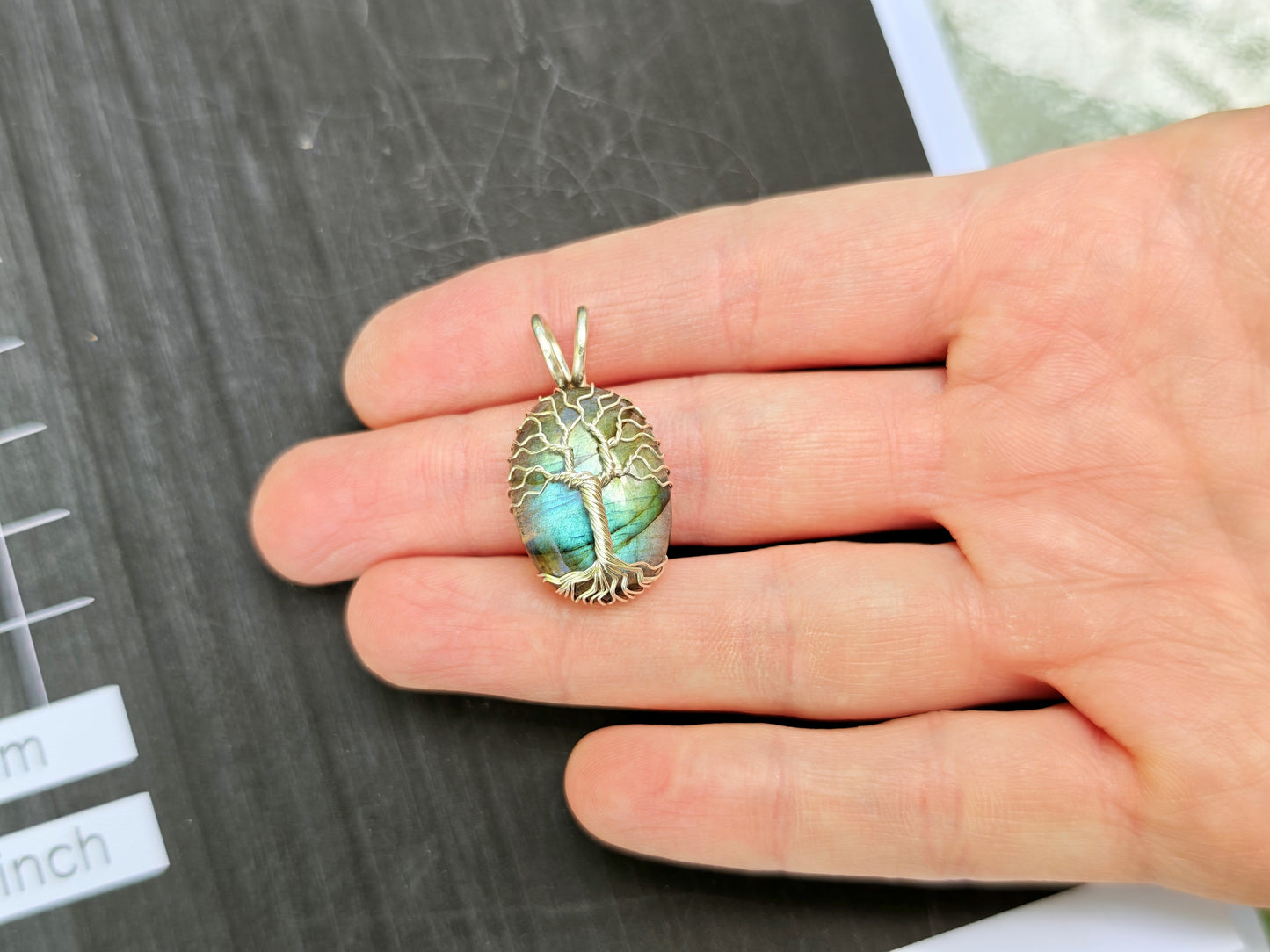Tree pendant with a labradorite gemstone