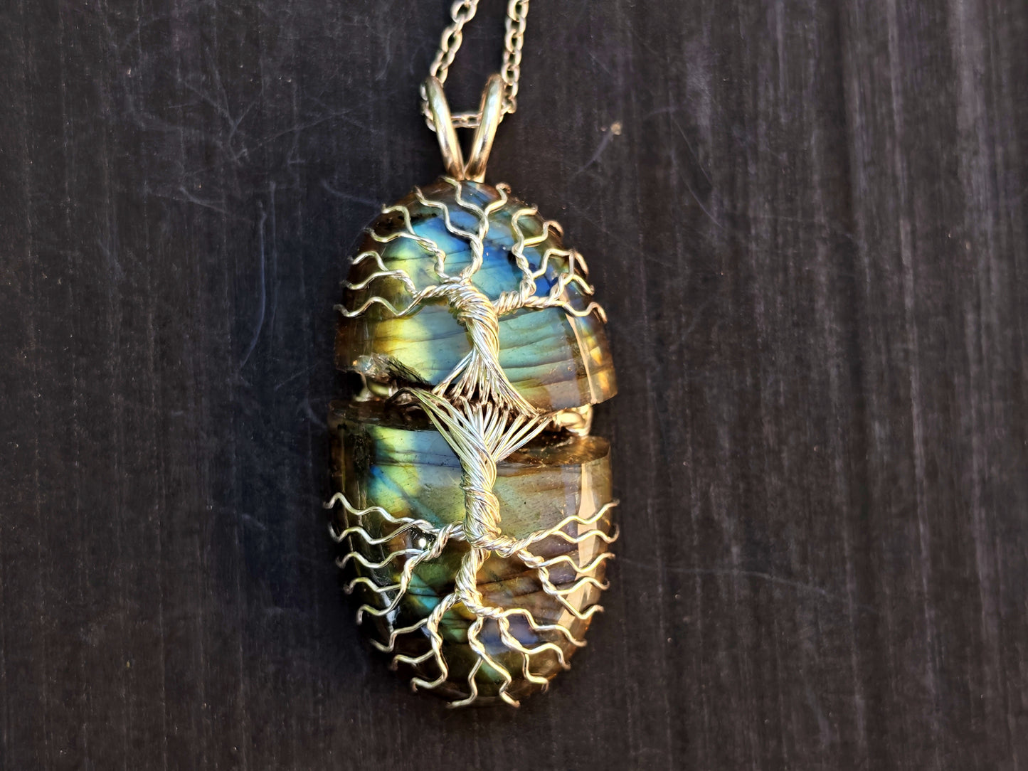 Tree pendant with a broken labradorite gemstone