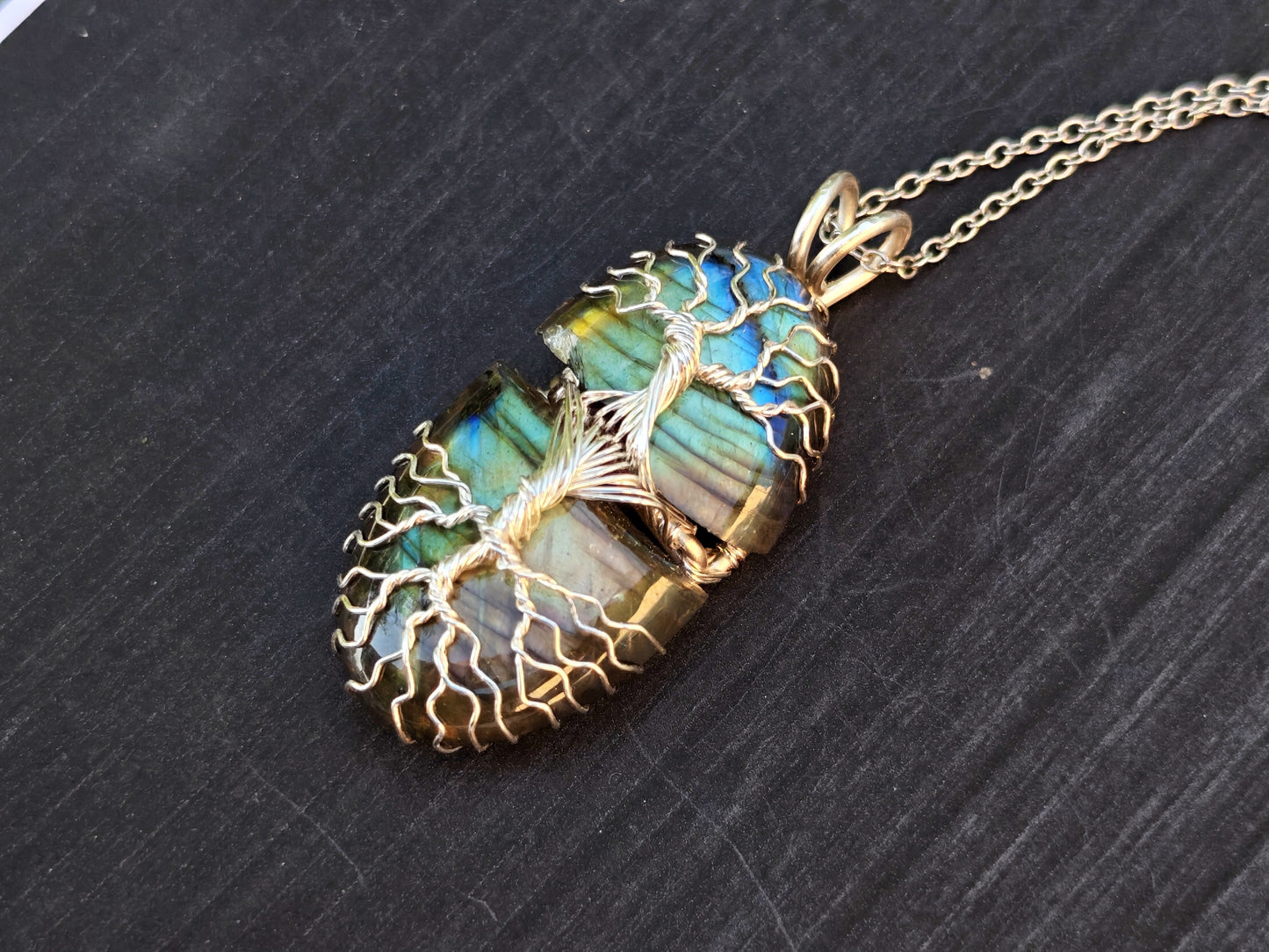 Tree pendant with a broken labradorite gemstone