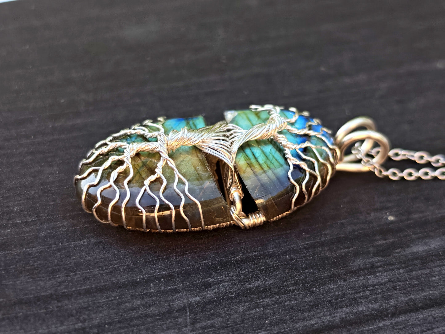 Tree pendant with a broken labradorite gemstone