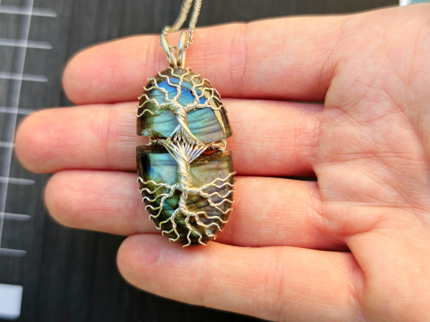 Tree pendant with a broken labradorite gemstone