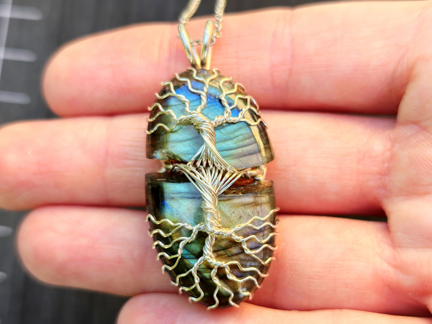 Tree pendant with a broken labradorite gemstone