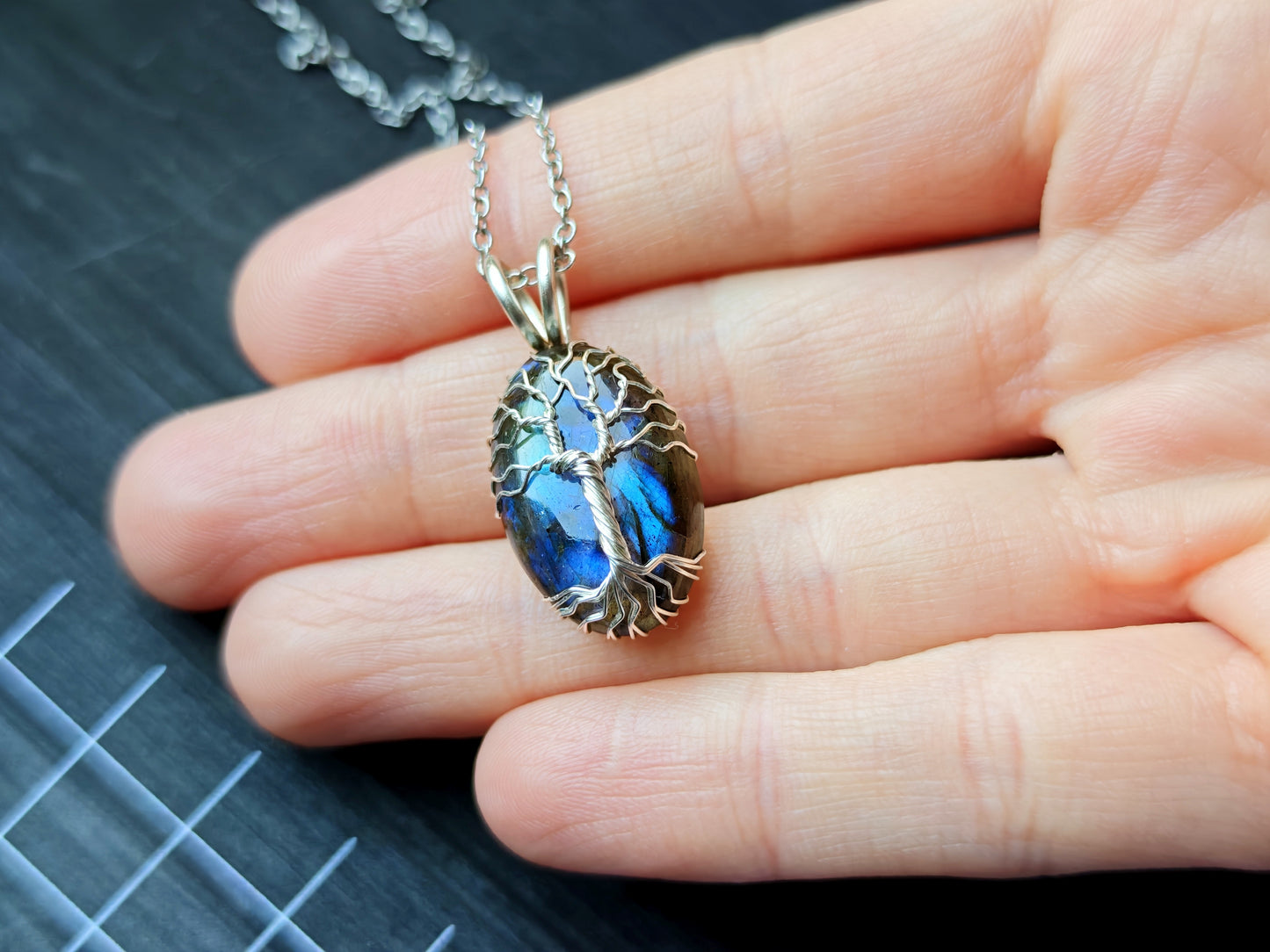 Tree pendant with a labradorite gemstone