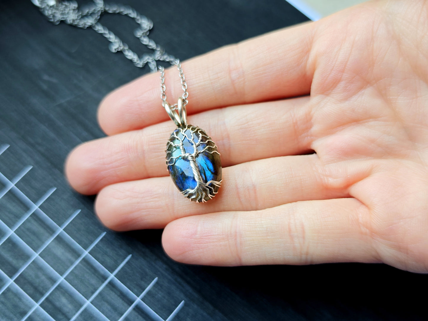 Tree pendant with a labradorite gemstone