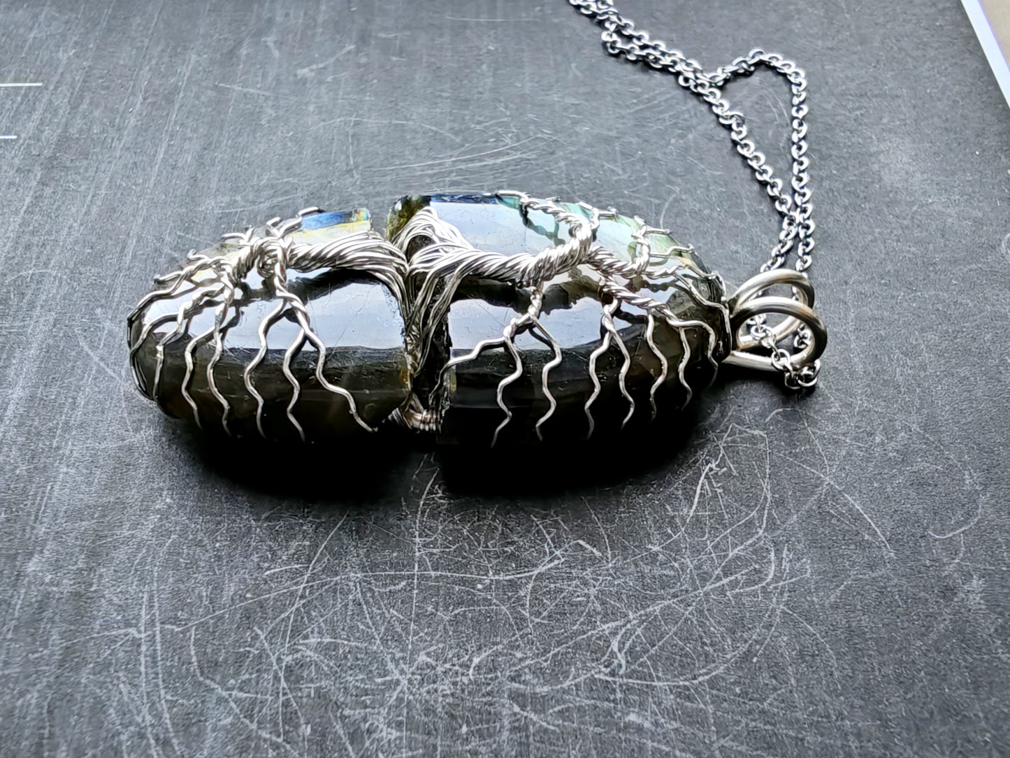 Tree pendant with a broken labradorite gemstone