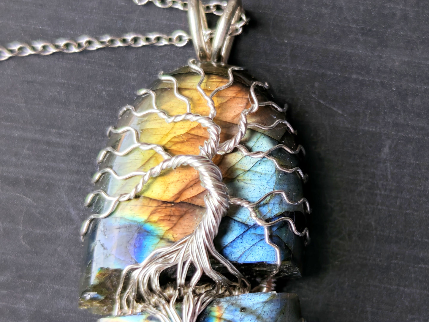 Tree pendant with a broken labradorite gemstone