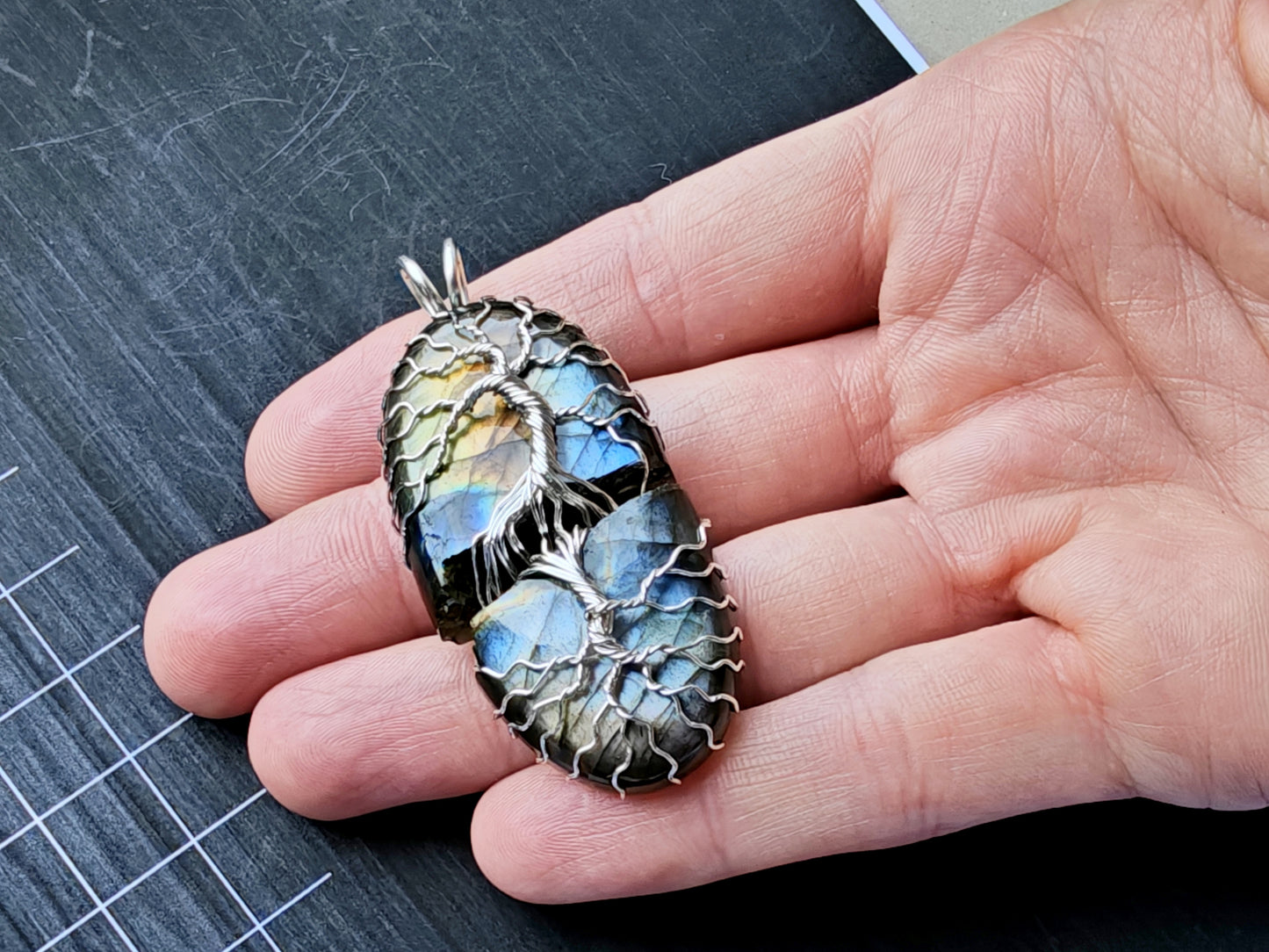Tree pendant with a broken labradorite gemstone