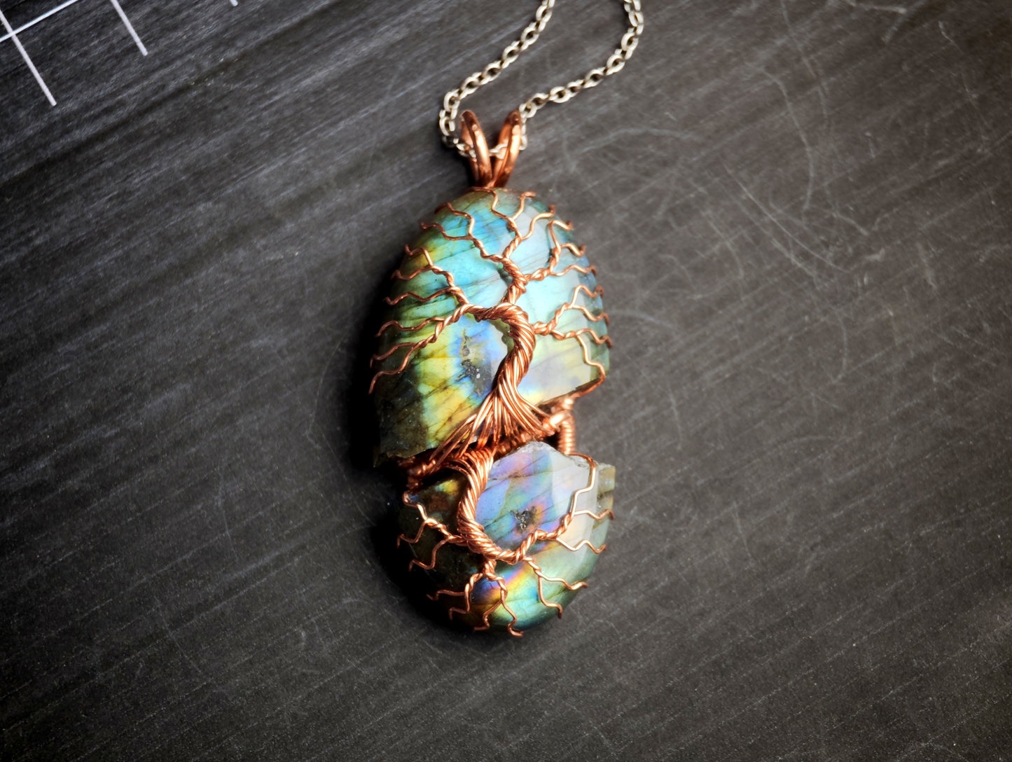 Tree pendant with a broken labradorite gemstone