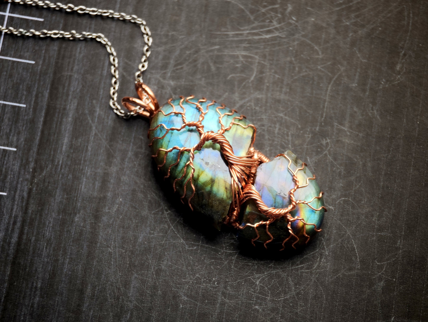 Tree pendant with a broken labradorite gemstone