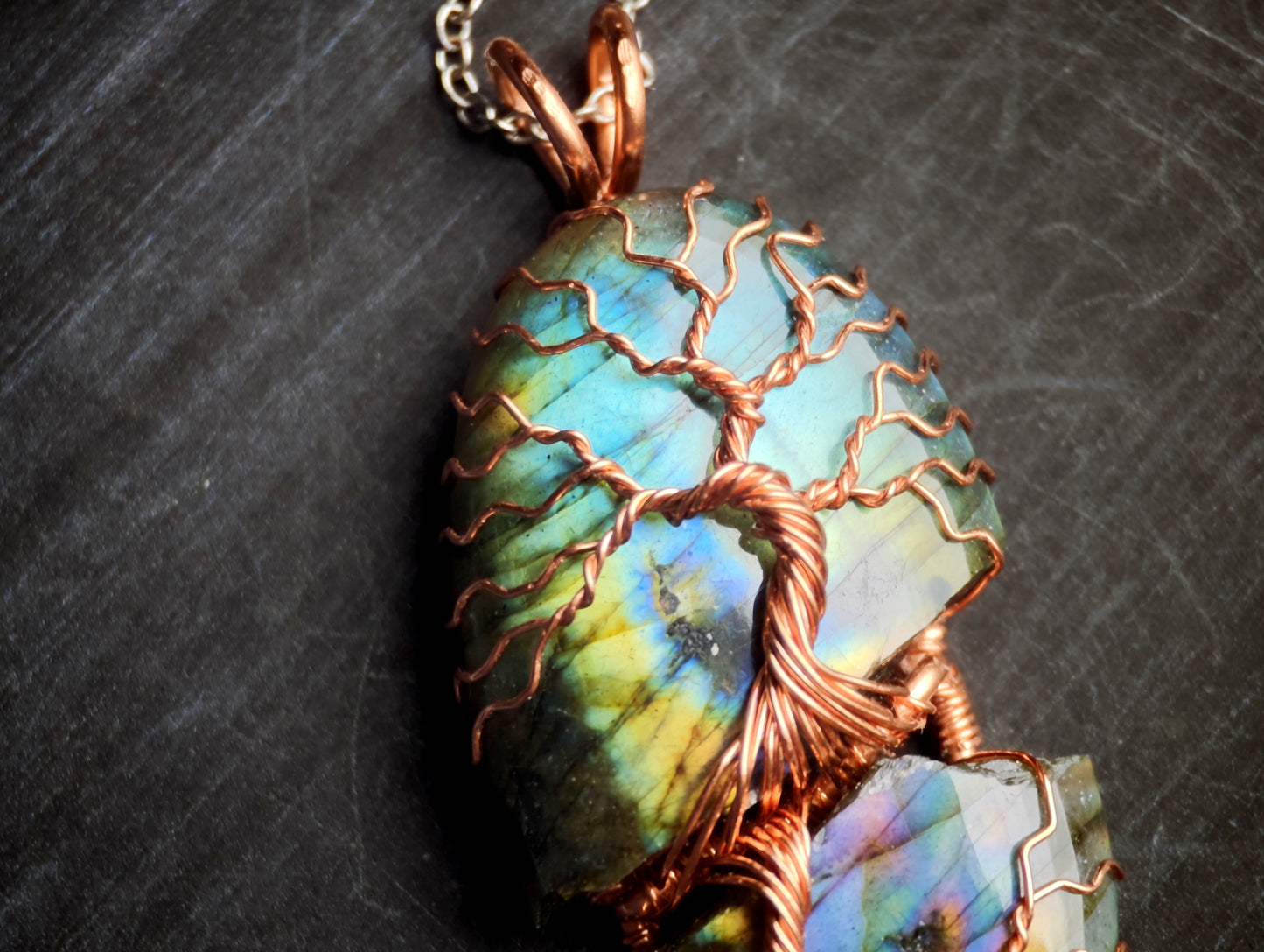 Tree pendant with a broken labradorite gemstone