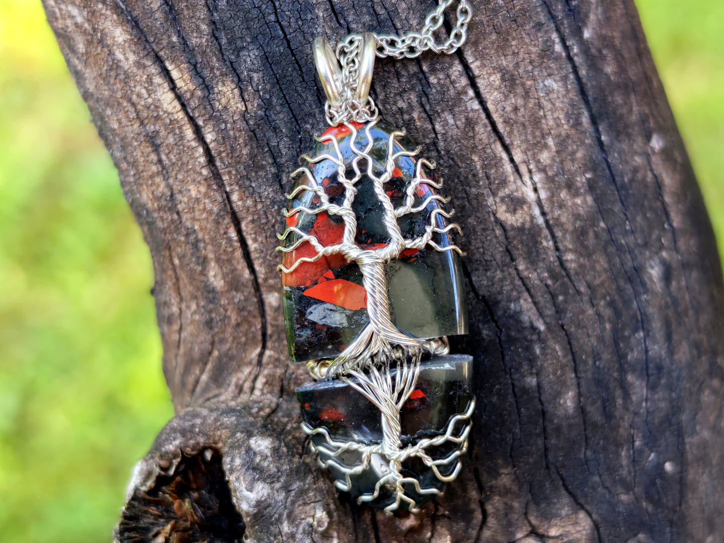 Tree pendant with a broken bloodstone gemstone