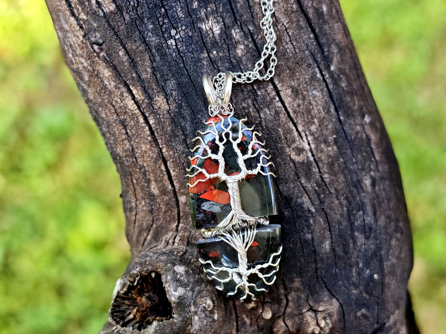 Tree pendant with a broken bloodstone gemstone