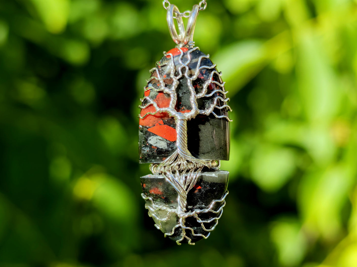 Tree pendant with a broken bloodstone gemstone