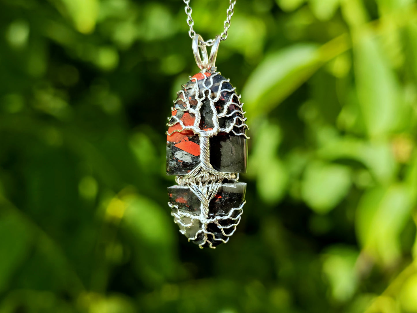 Tree pendant with a broken bloodstone gemstone