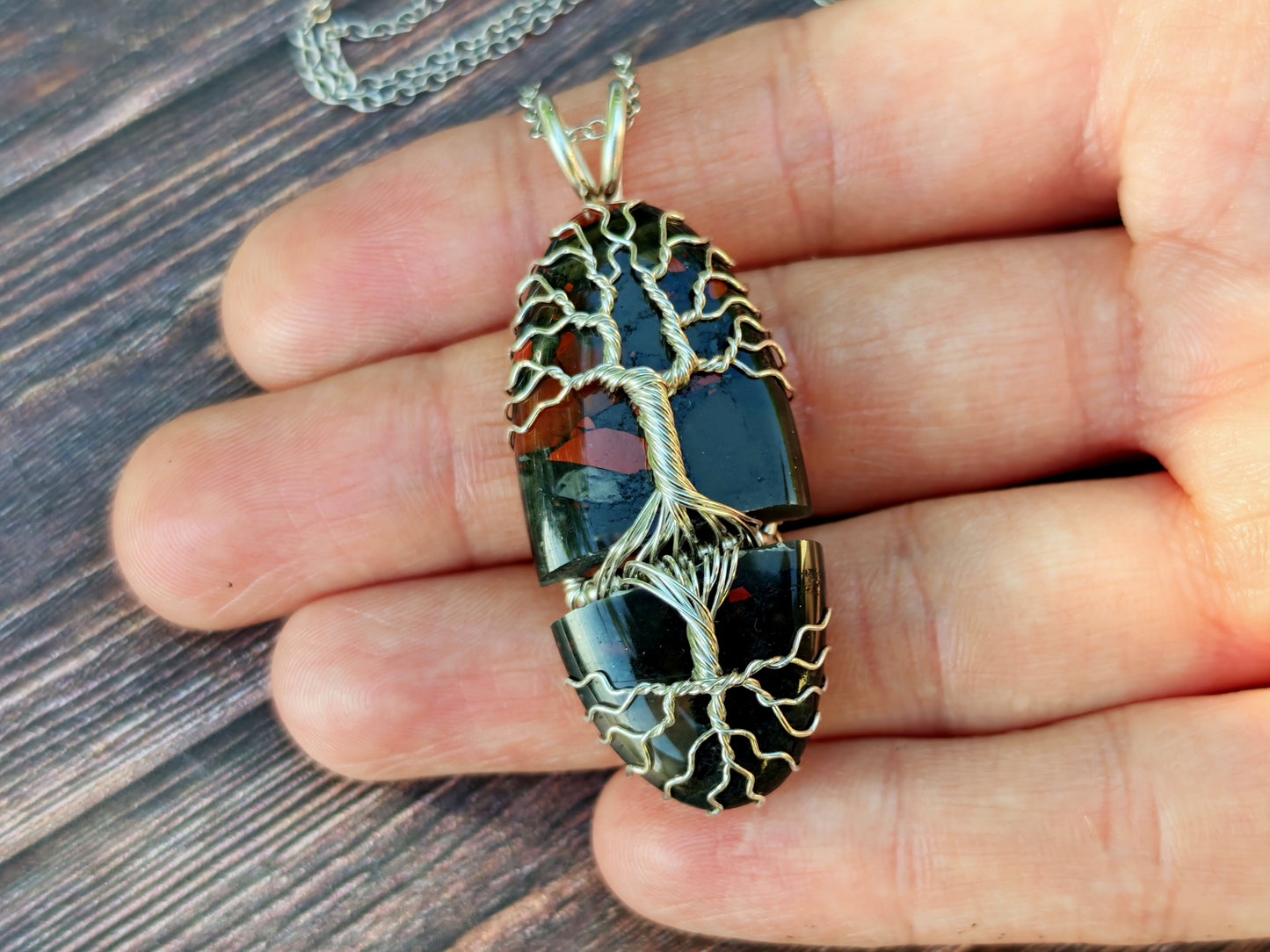 Tree pendant with a broken bloodstone gemstone