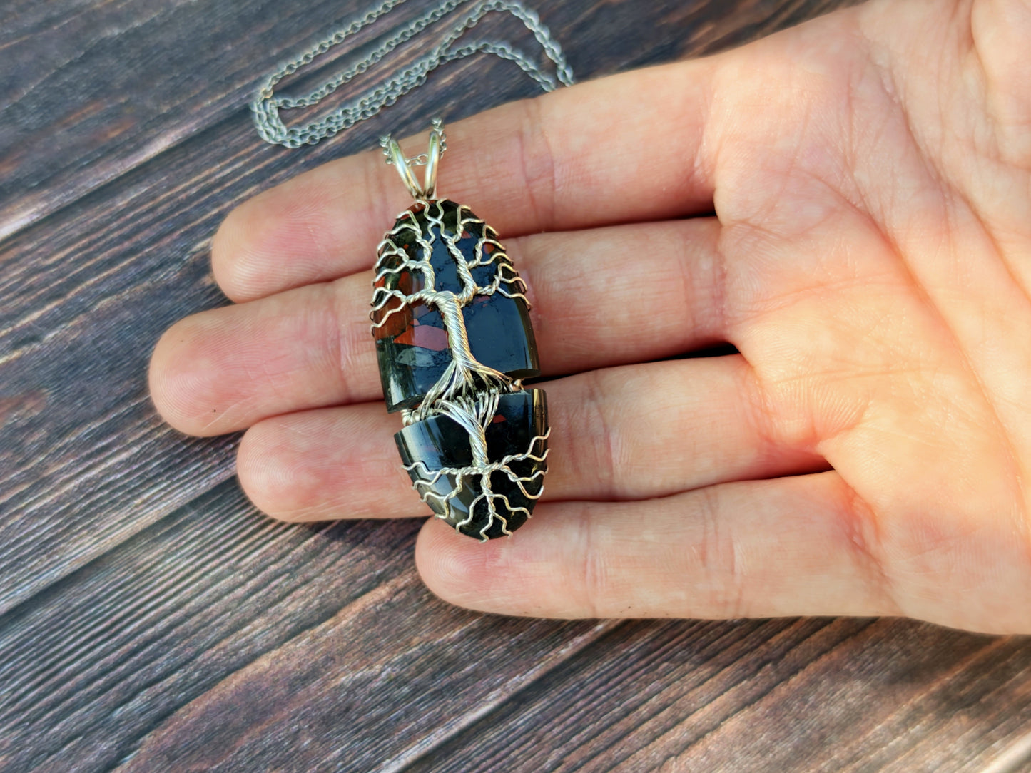 Tree pendant with a broken bloodstone gemstone