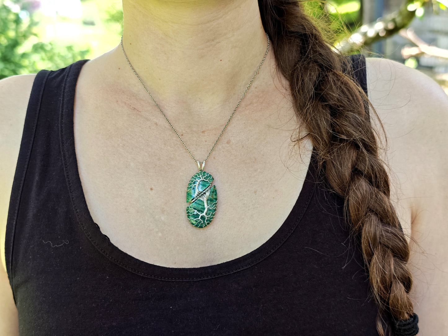 Tree pendant with a broken amazonite gemstone